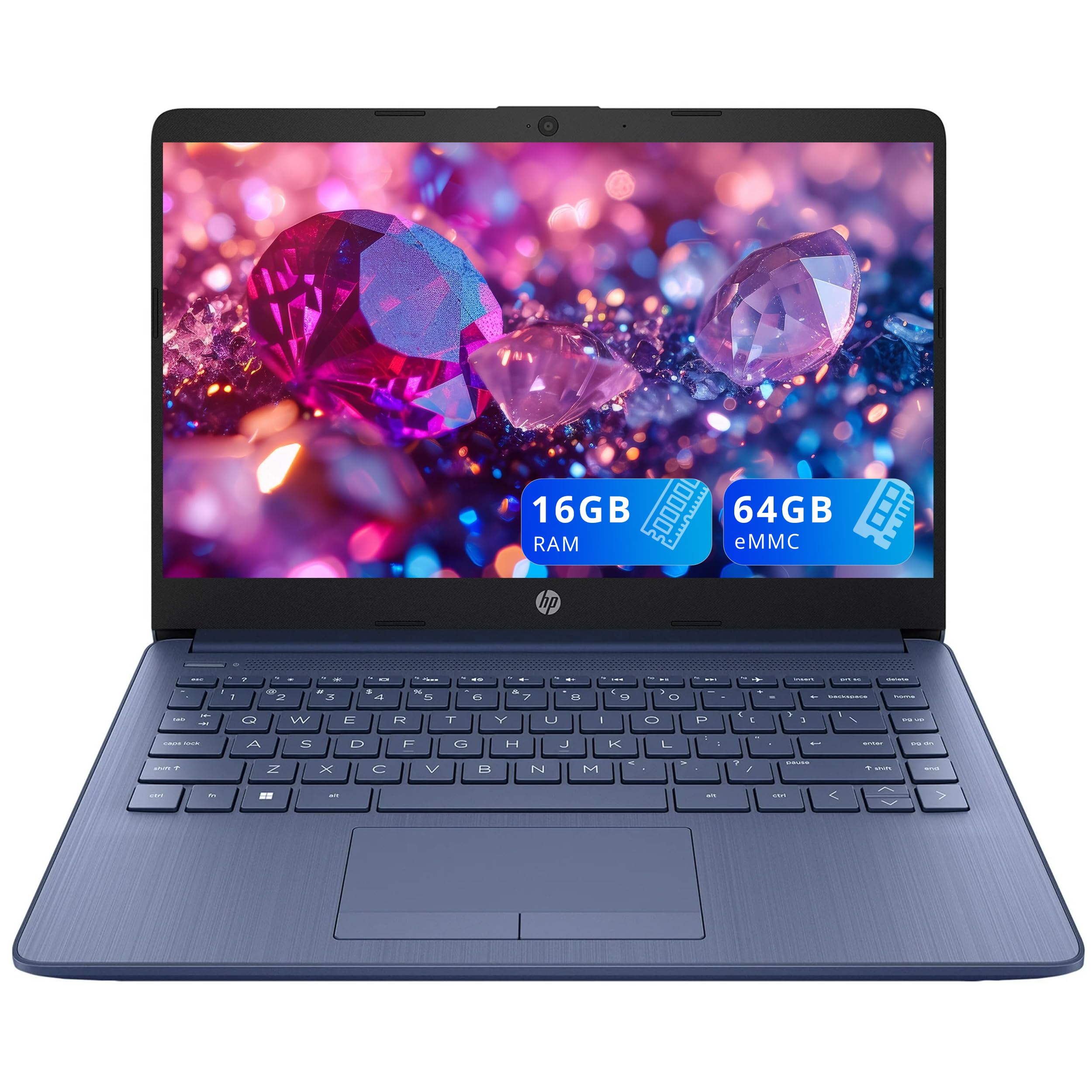 HP Premium Stream 14" HD BrightView Laptop, Intel Celeron N4120, 16GB RAM, 64GB eMMC Storage, HD Webcam, Grafica 1UHD, Anno Ufficio 365, Bluetooth, WiFi, HDMI, Win 11s, Blu, 32GB Hotface USB Card