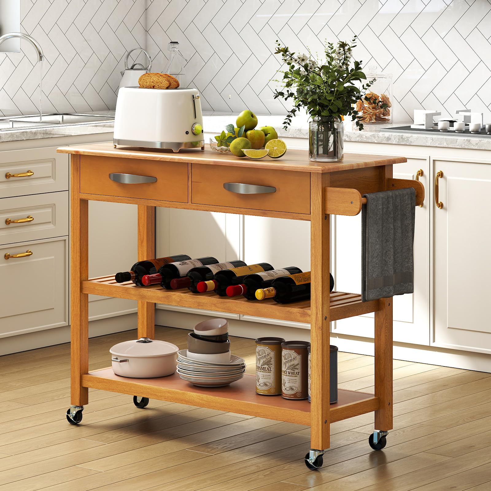 COSTWAY Isla de Cocina con Almacenamiento, Carrito Auxiliar de 3 Niveles con 4 Ruedas, con Encimera de Madera, 2 Cajones, 2 Estantes Abiertos y Asa Lateral, Carro de Servicio para Comedor (Natural)