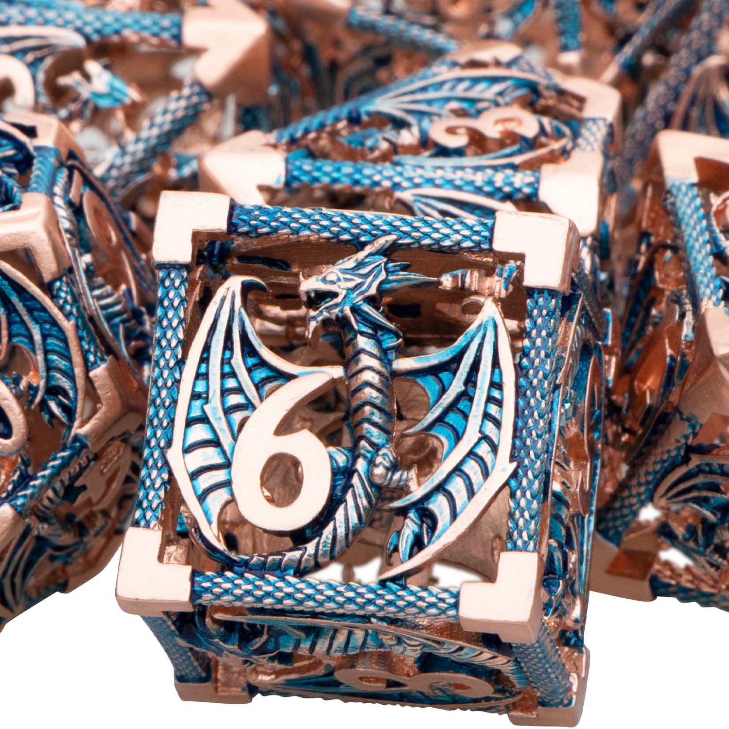 ARUOHHA Hollow DND Dice Set 7PCS Copper Blue Metal Dragons Dice with Gift Box, Dungeons D and D Dice RPG Role Playing Games Polyhedral Dice Set D20 D12 D10 D8 D6 D4