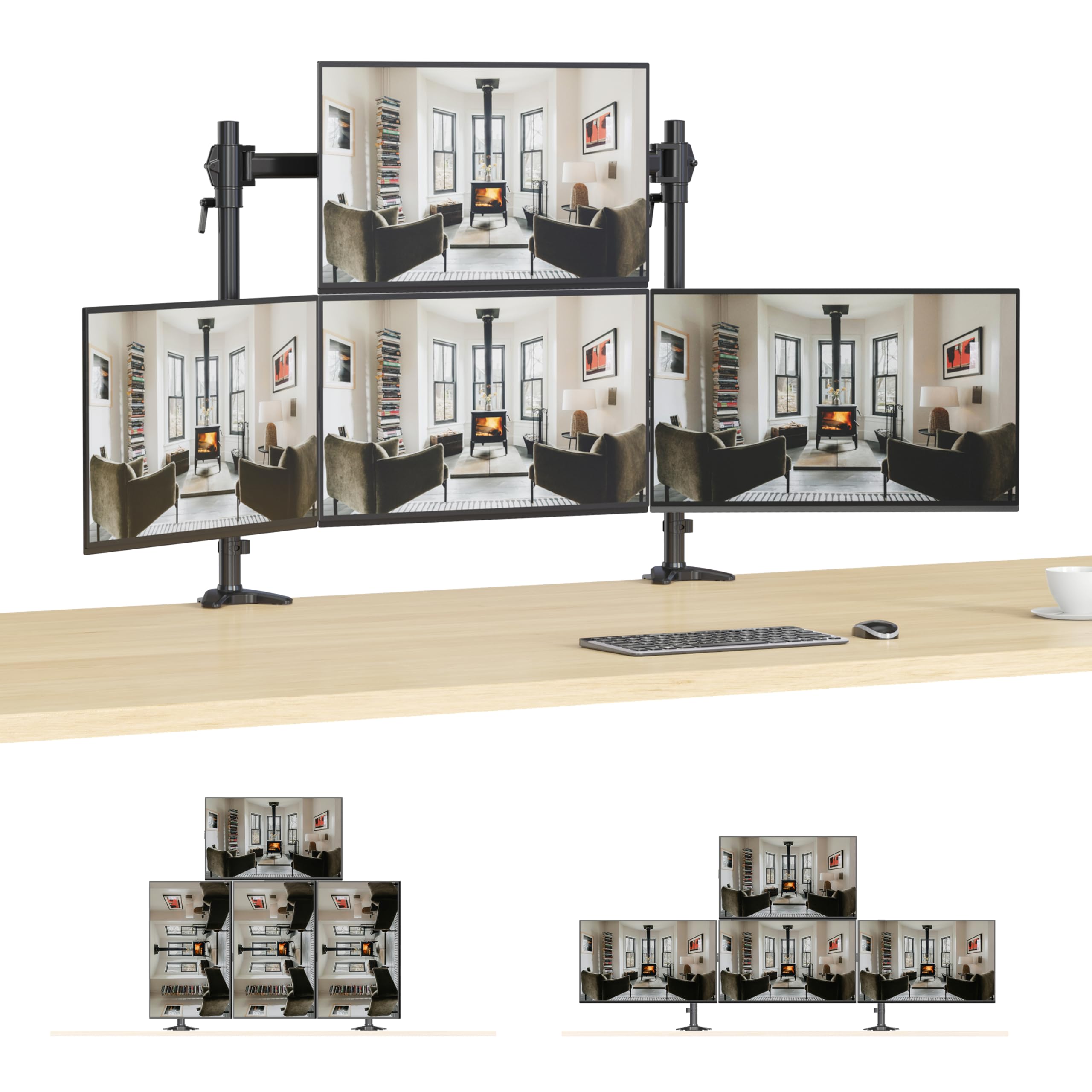 HFTEK MS424C-N - Brazo para 4 monitores de hasta 27" (4 posiciones, monitor superior de hasta 34" (12 kg), altura regulable, VESA 75/100, orientable, inclinable, giratorio, convertible individualmente