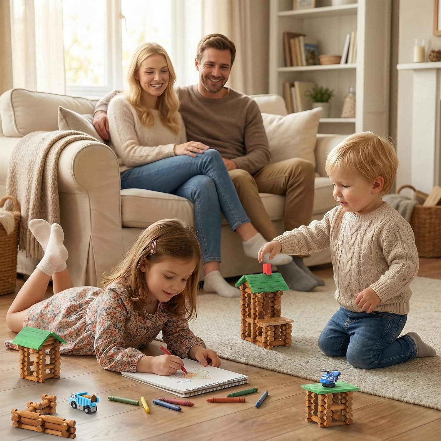 SainSmart Jr. 480 PCS Wooden Log Cabin Set with Storage Box, Building House Toy for Toddlers with 7 Toy Cars, Classical STEM Construction Kit Compatible with Lincoln Logs, Ideal Gift for Ages 3+