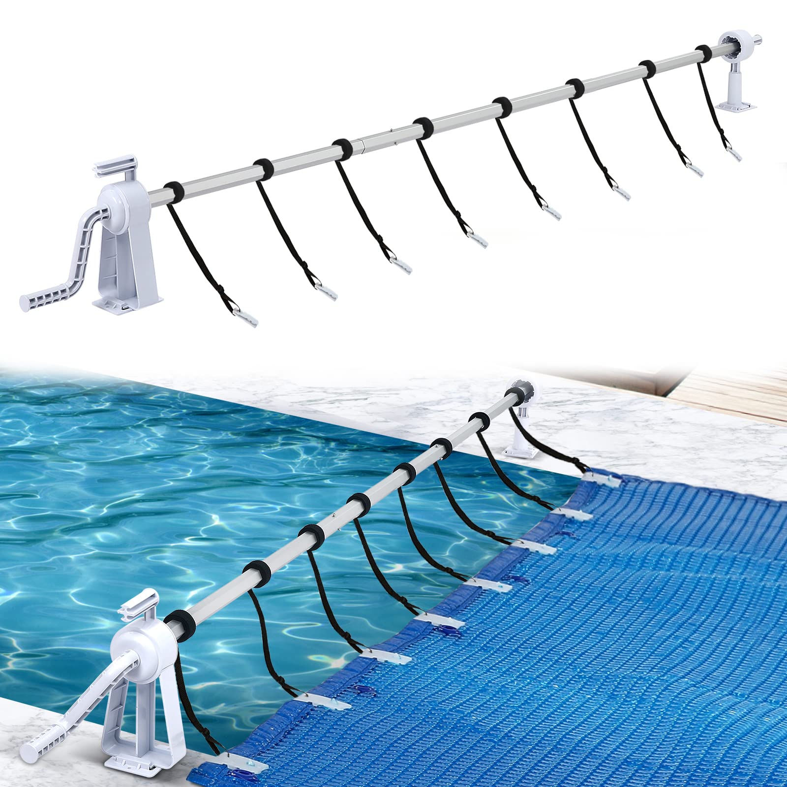 Aufun Pool Aufroller Premium Aluminium Aufrollsystem 1,05m - 6,15m inkl. 8 Befestigungsbänder für Solar und Pool Planen