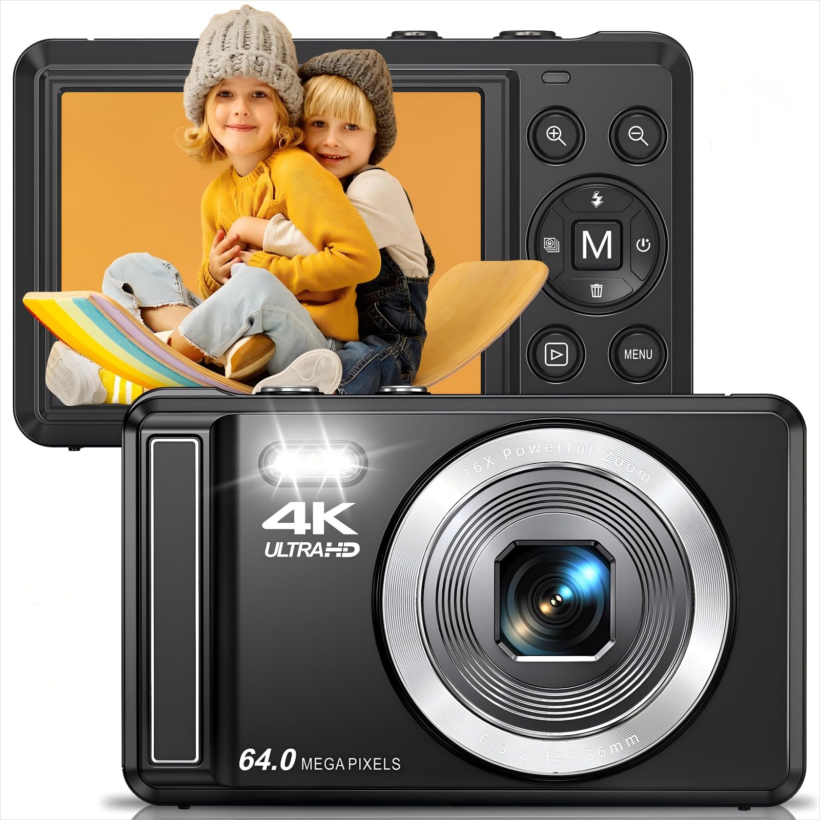 Fotocamera digitale 4K 64 MP con scheda micro SD, messa a fuoco automatica, zoom digitale 16x, fotocamera compatta portatile con batteria da 1200 mAh, cavo USB, per adolescenti, adulti e principianti