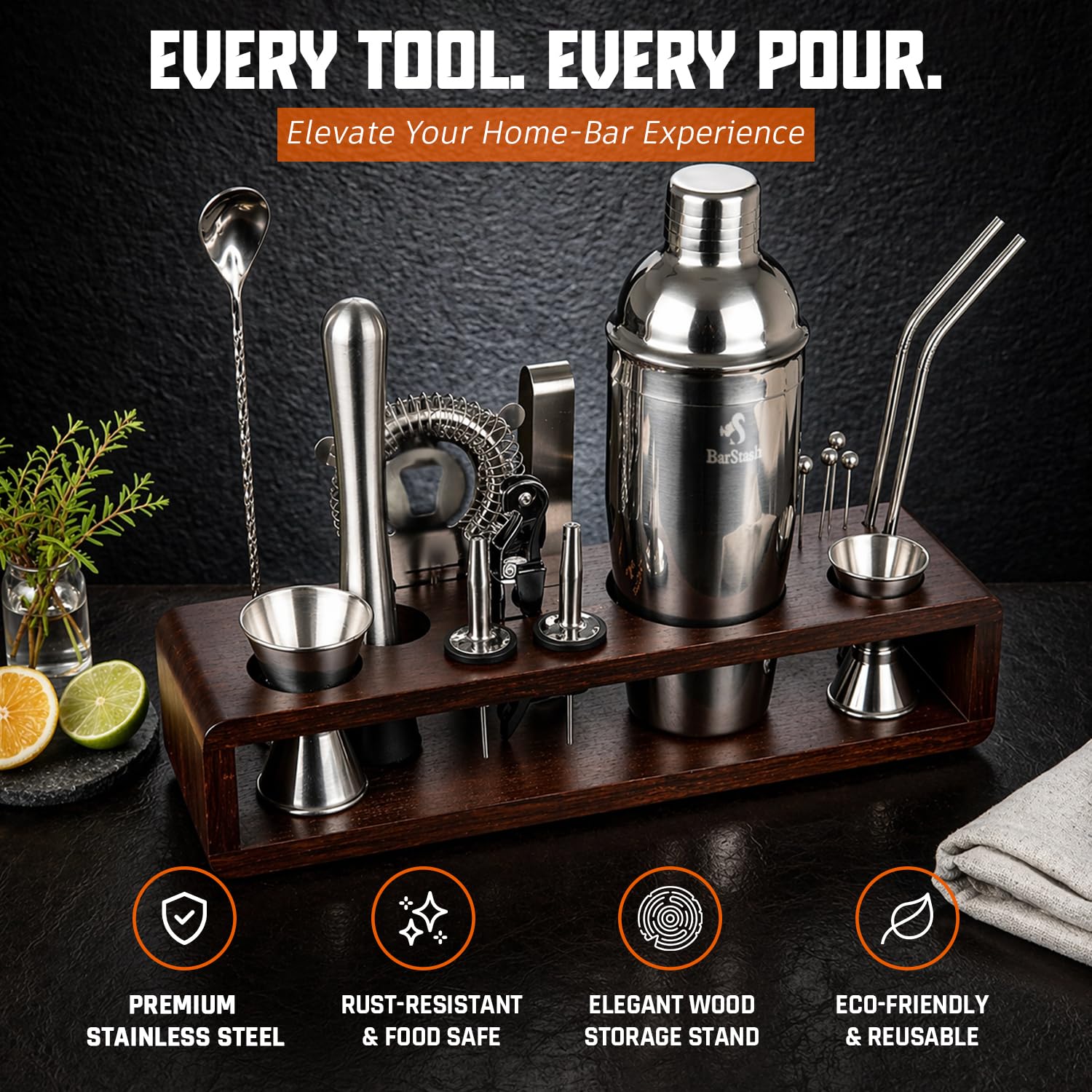 Premium Bartender Kit: set di 17 attrezzi con supporto in bambù, set perfetto per cocktail da bar, bicchieri con cannucce in acciaio inox per una grande esperienza di miscelazione delle