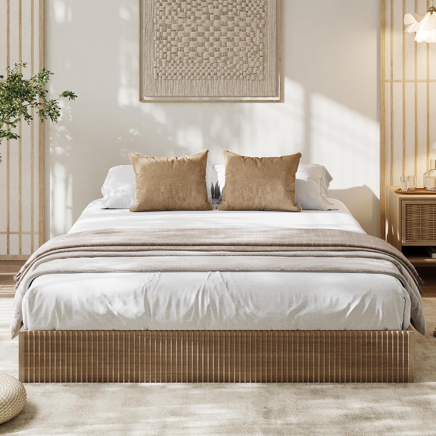 GarveeHome King Size Bed Frame, Wood Platform Bed, Fluted Bed Frame, Minimalist Bed Base with Low Profile Design, Noise-Free, Easy Assembly, No Box Spring Needed, Walnut