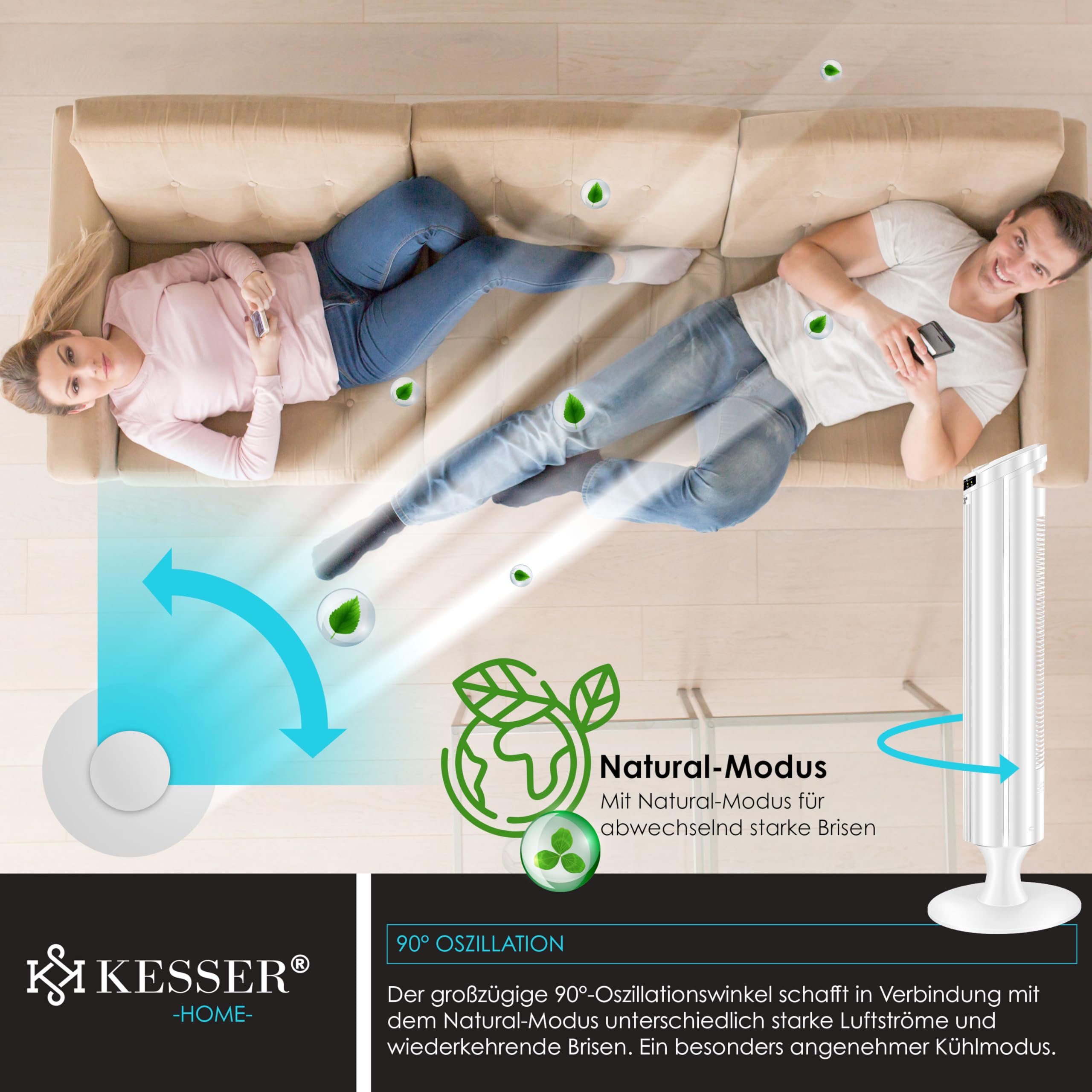 KESSER® Ventilatore a torre con TELECOMANDO - ventilatore a colonna con display a LED - ventilatore a piantana - climatizzatore