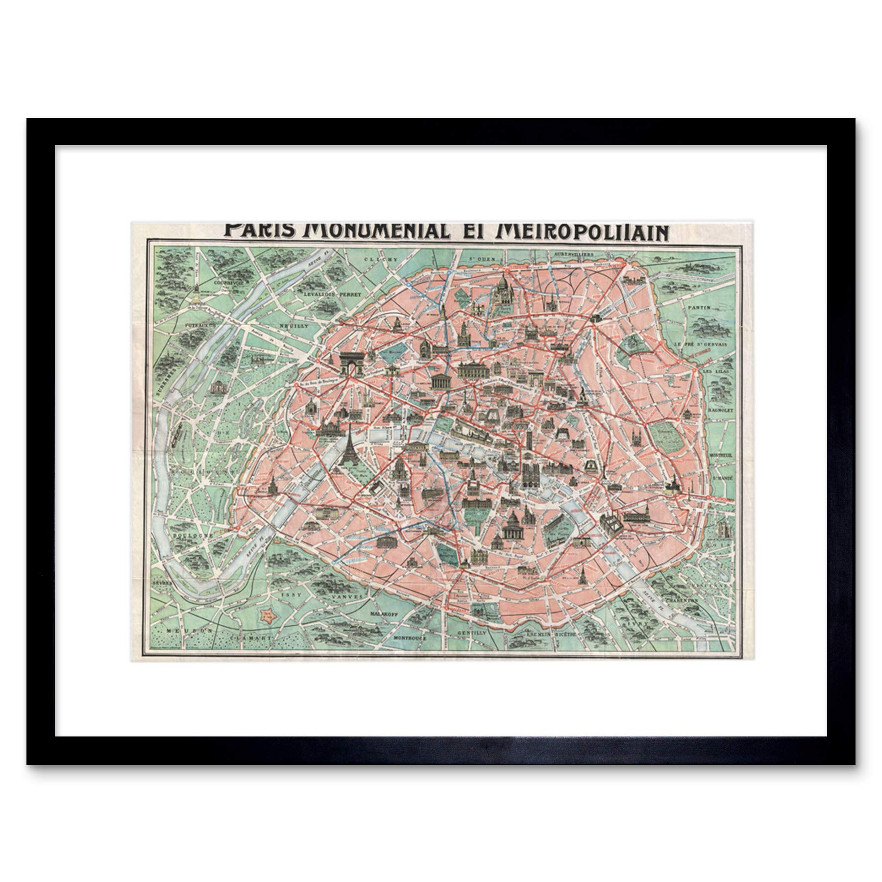 Wee Blue Coo Robelin Paris Monument Map French Artwork Framed Wall Art Print 12X16 Inch