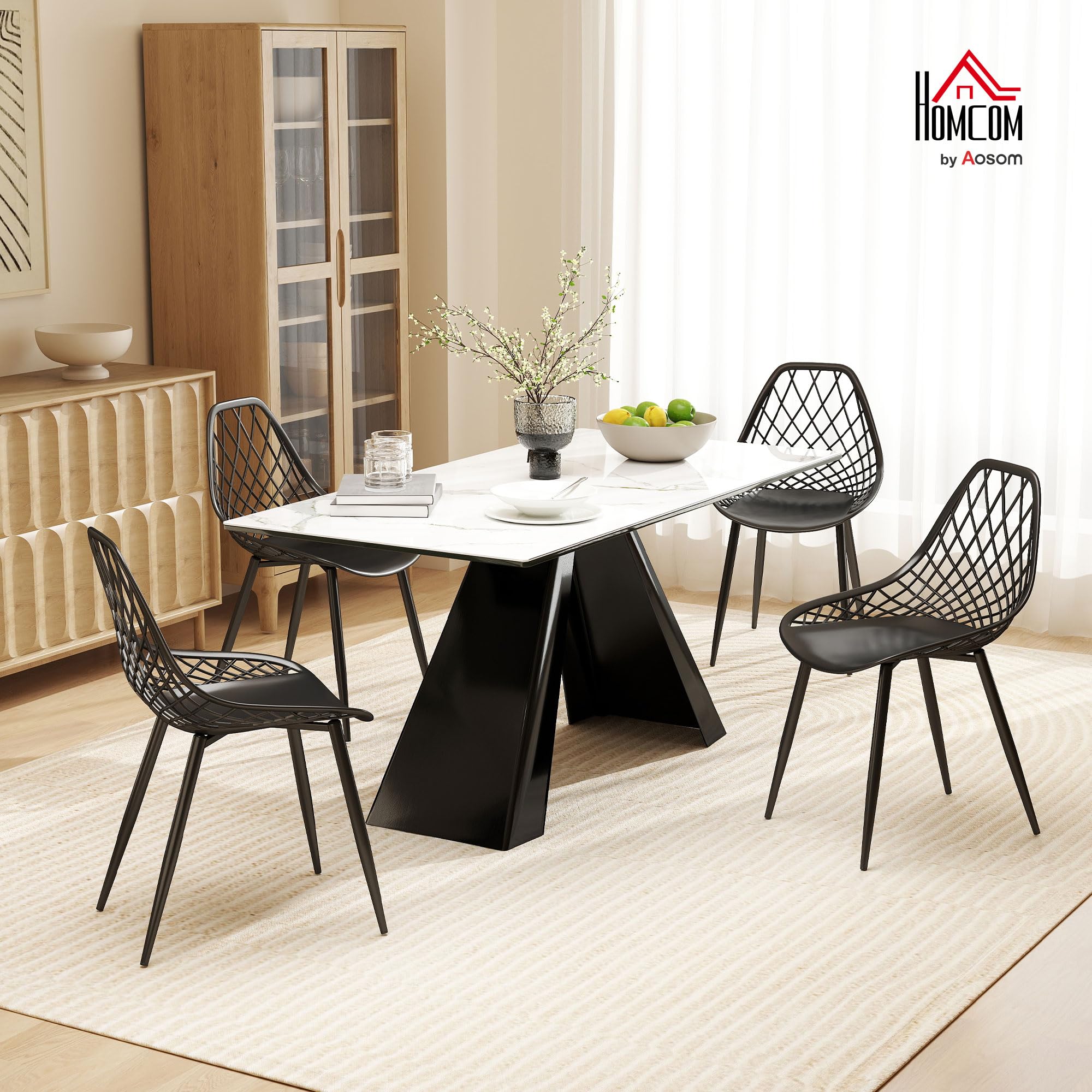 HOMCOM Set di 4 Sedie Sala da Pranzo con Schienale Curvo e Traforato Nero | Sedie Cucina Moderne, Gambe Metallo, Plastica, Cucina Camera Letto Soggiorno