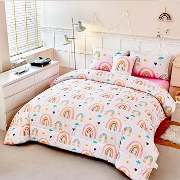 ANGIYUIN 6 Pieces Multi-Color Rainbow Twin Size Comforter Set for Girls Kids Cute Cloud and Love Hearts Girls Bedding Set Soft Microfiber Girl Bed in a Bag with Comforter, Sheets, Pillowcases