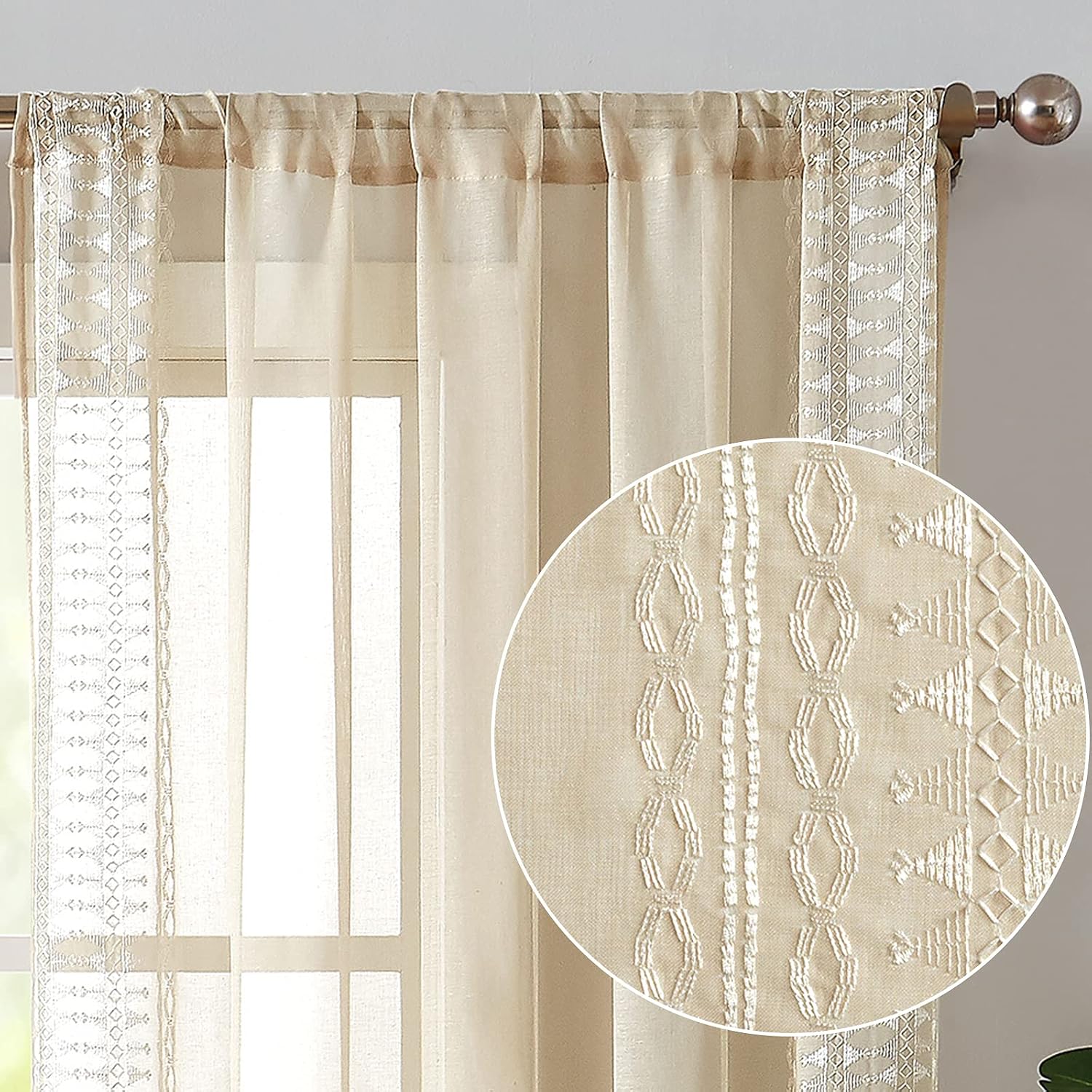 jinchan Boho Curtains for Living Room Bedroom Sheer Curtains Embroidered Bordered Window Curtains Set Bohemian Voile Drapes 84 Inches Long Rod Pocket Curtains 2 Panels White on Beige