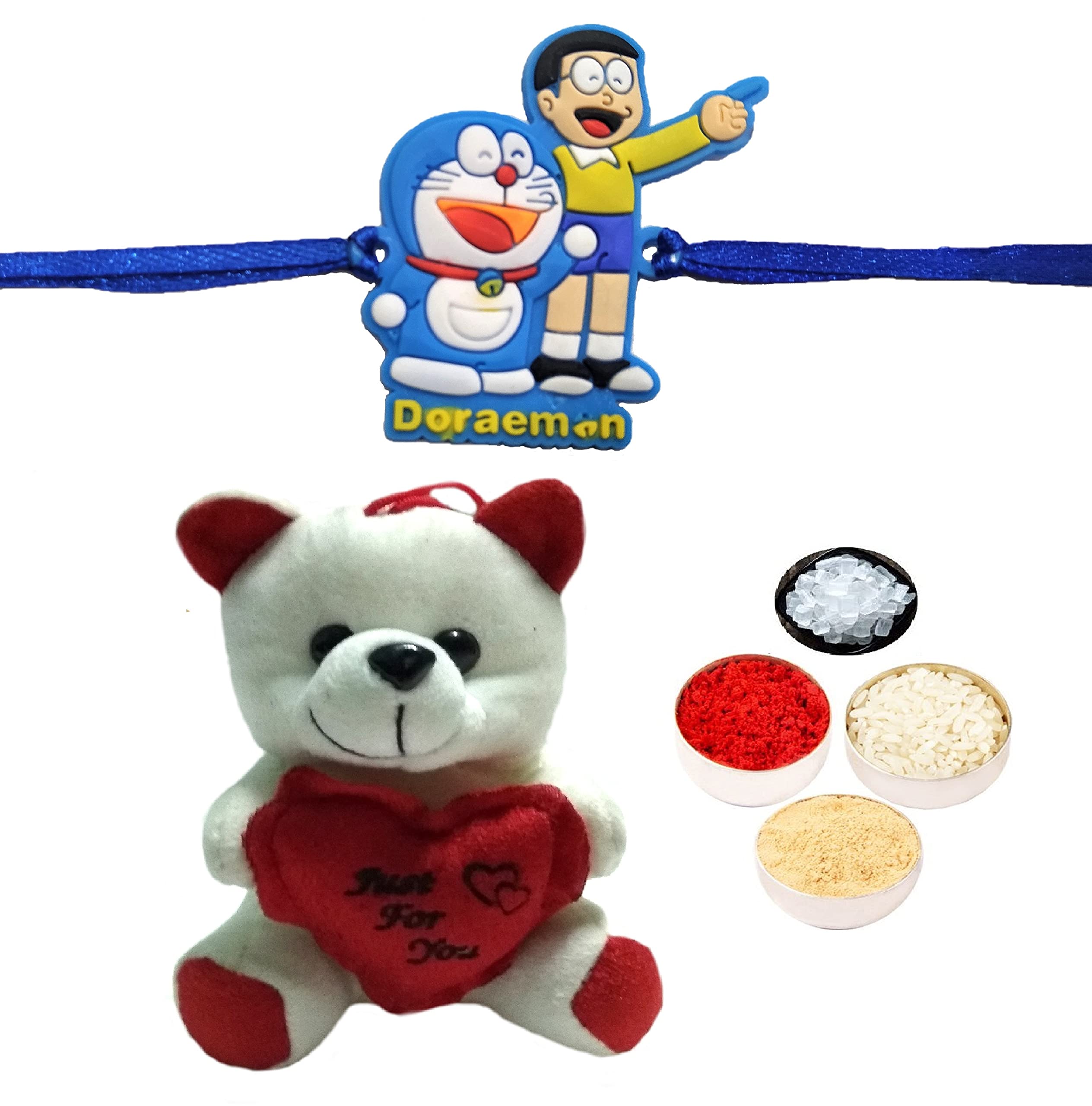 Velour Gifts Combo of Cartoon Doremon Rakhi with Soft Toy, Roli Chawal and Personal Message for Brother-picture-11