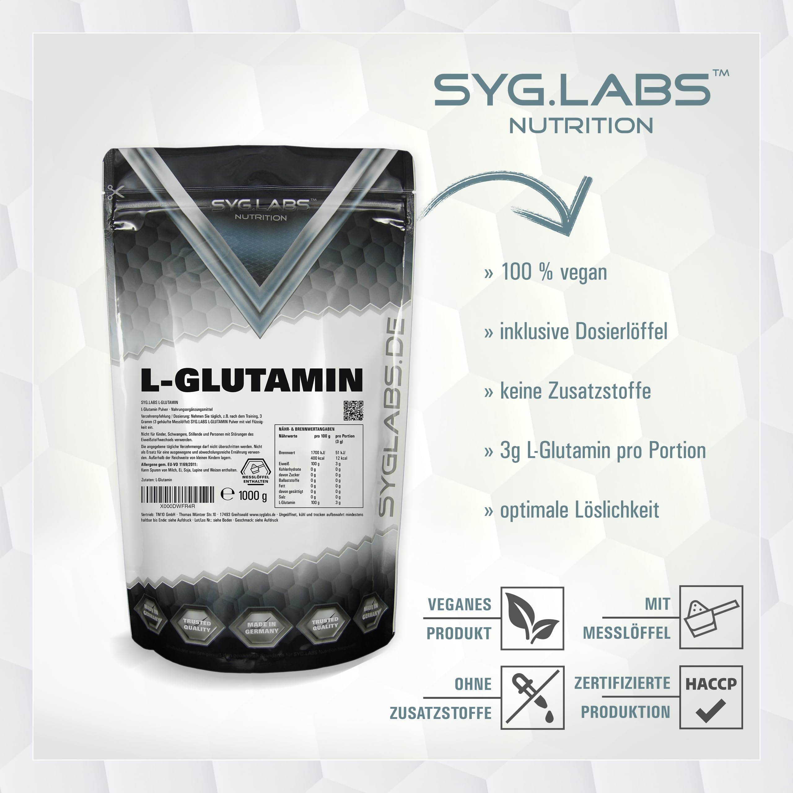 L-Glutamin Pulver 100% rein - 1000g Aminosäure Glutamine - 1kg - ohne Zusatzstoffe - vegan - mit Messlöffel - Glutamin - laborgeprüft