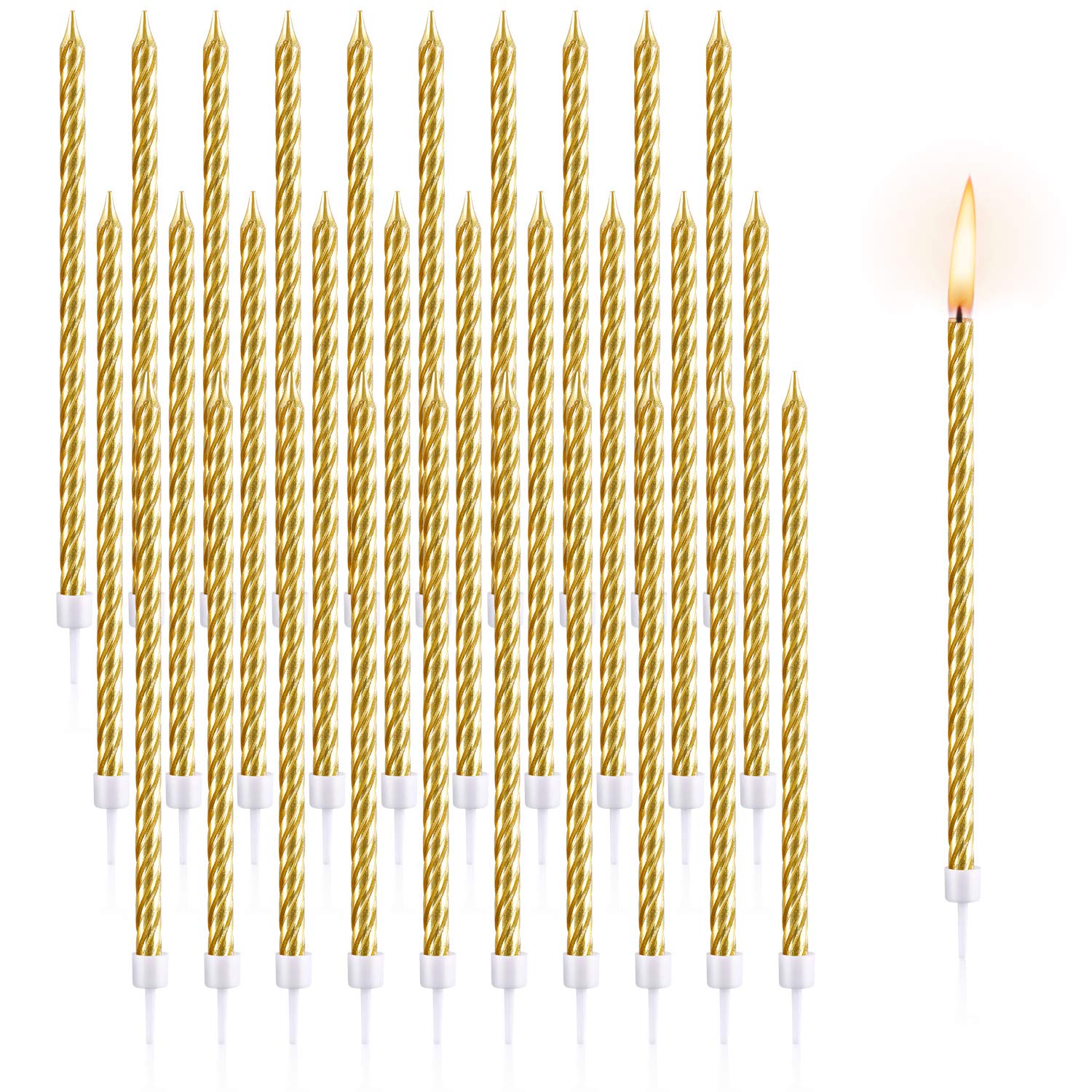 BBTO 30 Stücke Geburtstag Kerzen Spiral Kuchen Kerzen Metallisch Cupcake Kerzen Lange Dünne Kuchen Kerzen in Haltern für Geburtstag Hochzeit Party Kuchen Dekorationen (Gold)