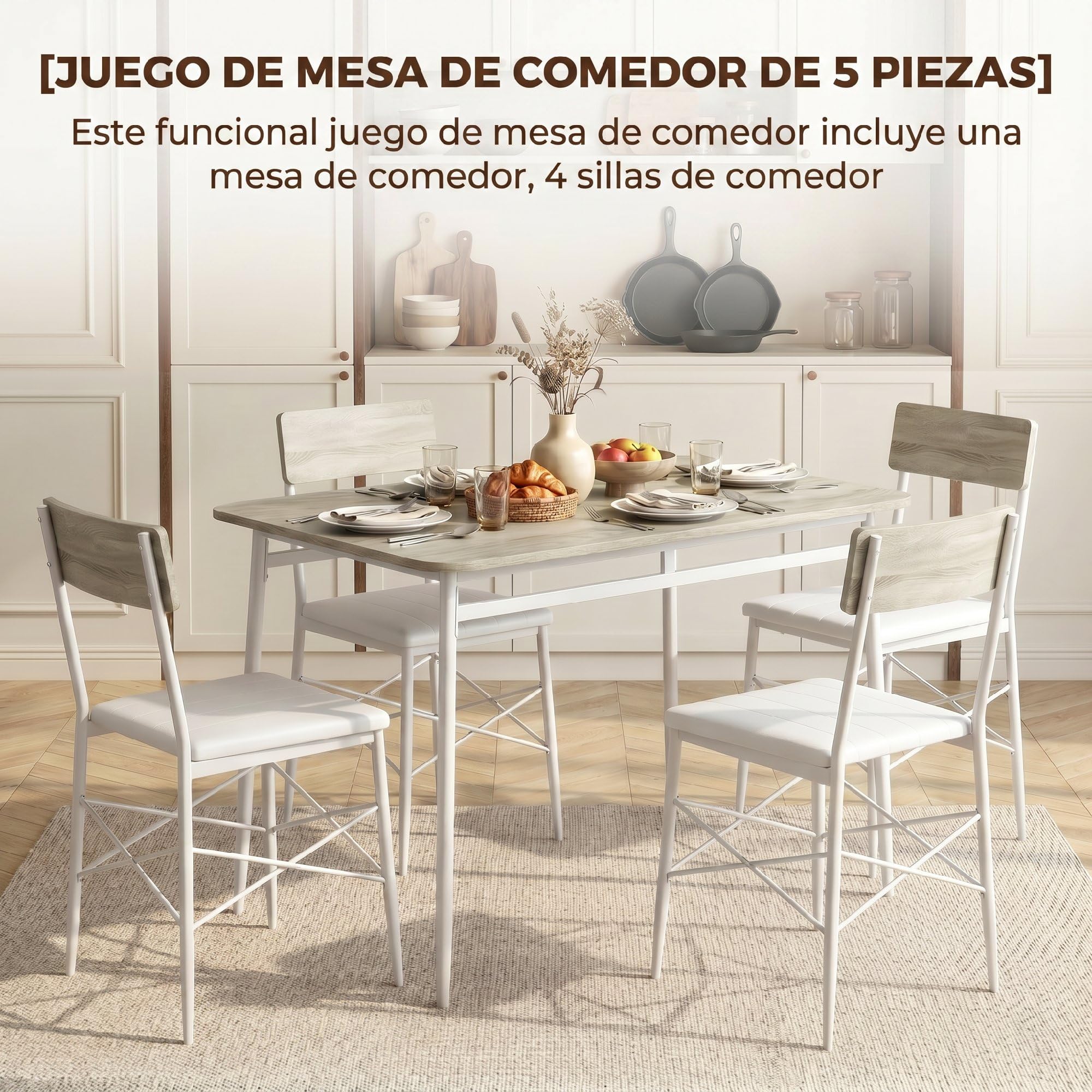 HOMCOM Juego de Mesa y Sillas de Comedor 5 Piezas Roble y Blanco | Mesa de Cocina Rectangular con 4 Sillas Acolchadas, Estilo Moderno, Marco Metálico, Espacios Pequeños, Salón, 106x66x75 cm