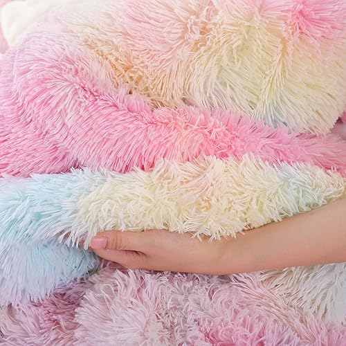 Miniatura 4 de JANZAA Juego de edredón de pelo sintético tamaño King, edredón de felpa teñido anudado colorido edredón rosa de 3 piezas con 2 fundas de almohada de