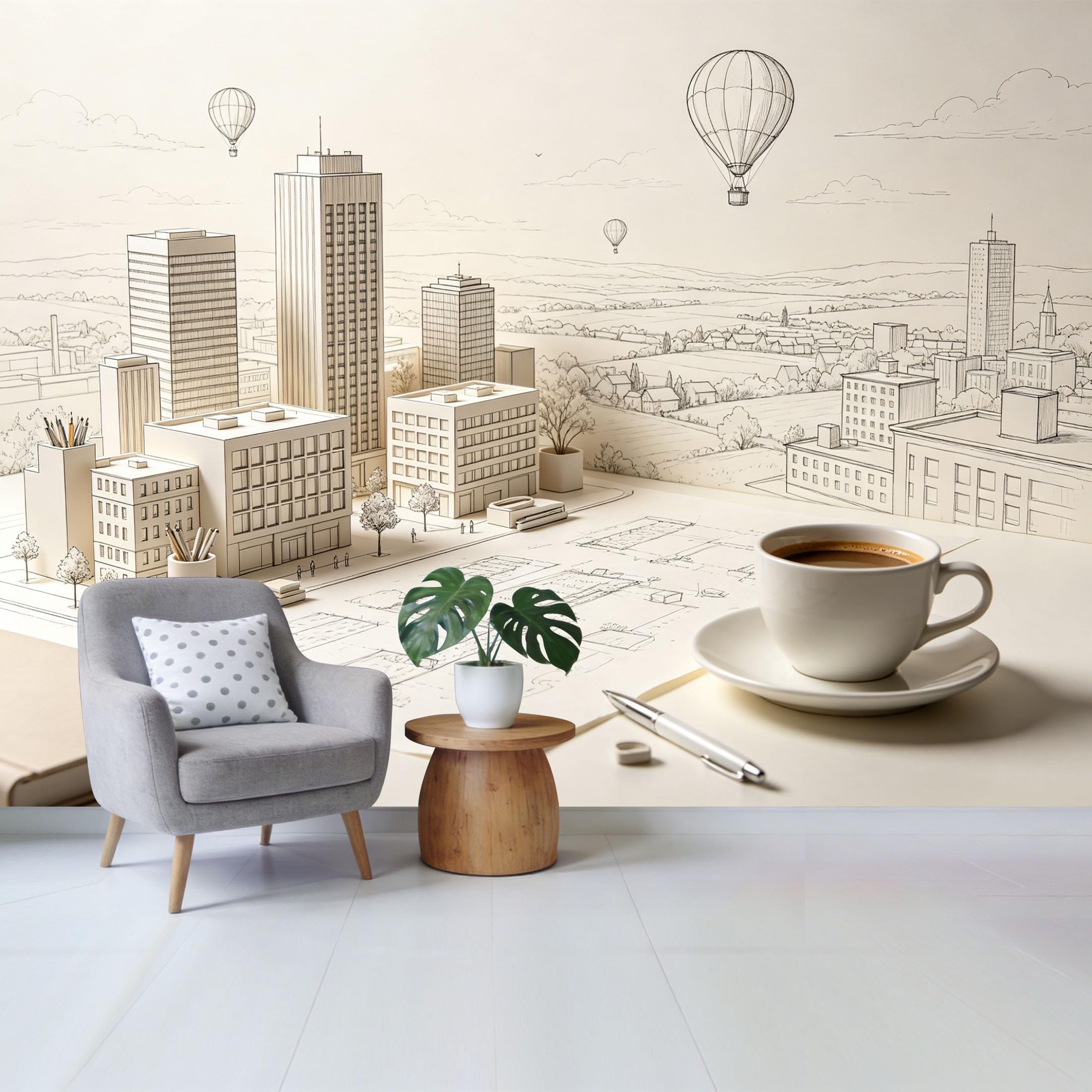 Qzlithotic Yq2605251115 Custom Size Wall Mural Minimalist Architectural Sketch Cityscape Hot Air Balloon Line Art Selfadhesive Wall Fabric Removable Wallpaper For Home Office Decor