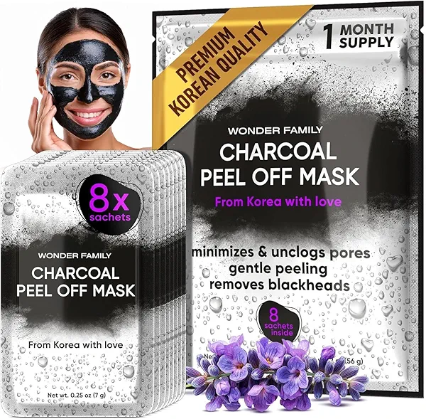Korean Activated Charcoal Face Mask Peel Off - Blackhead Remover Mask - Facial Peeling & Nose Pore Cleaner - Black Head Remover for Face - Alternative to Pore Strips - Korean Skin Care Masks - 8 Pack