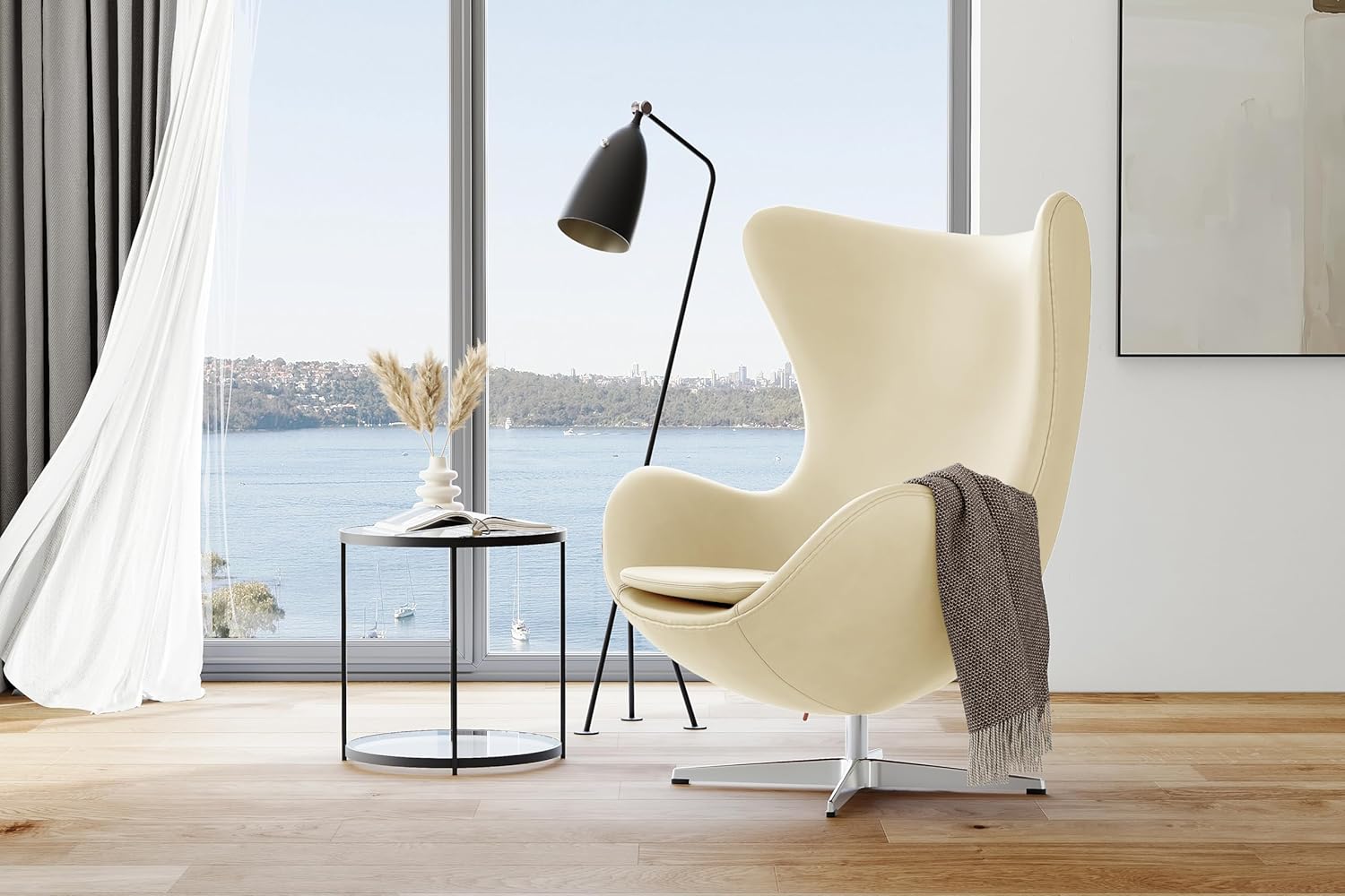 Valencia Finola Swivel Armchair 35.4”, Italian Nappa 11000 Top Grain Leather, 360° Swivel, Mid-Century Modern Accent Chair for Living Room, Cream