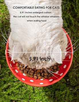 Raised Cat Bowl, Cute Mushroom Pet Feeder, Elevated Small Dog Food Bowl, Ceramic Raised Pet Bowls for Food and Water, Wide Shallow Cat Dish, Whisker Fatigue (Red)