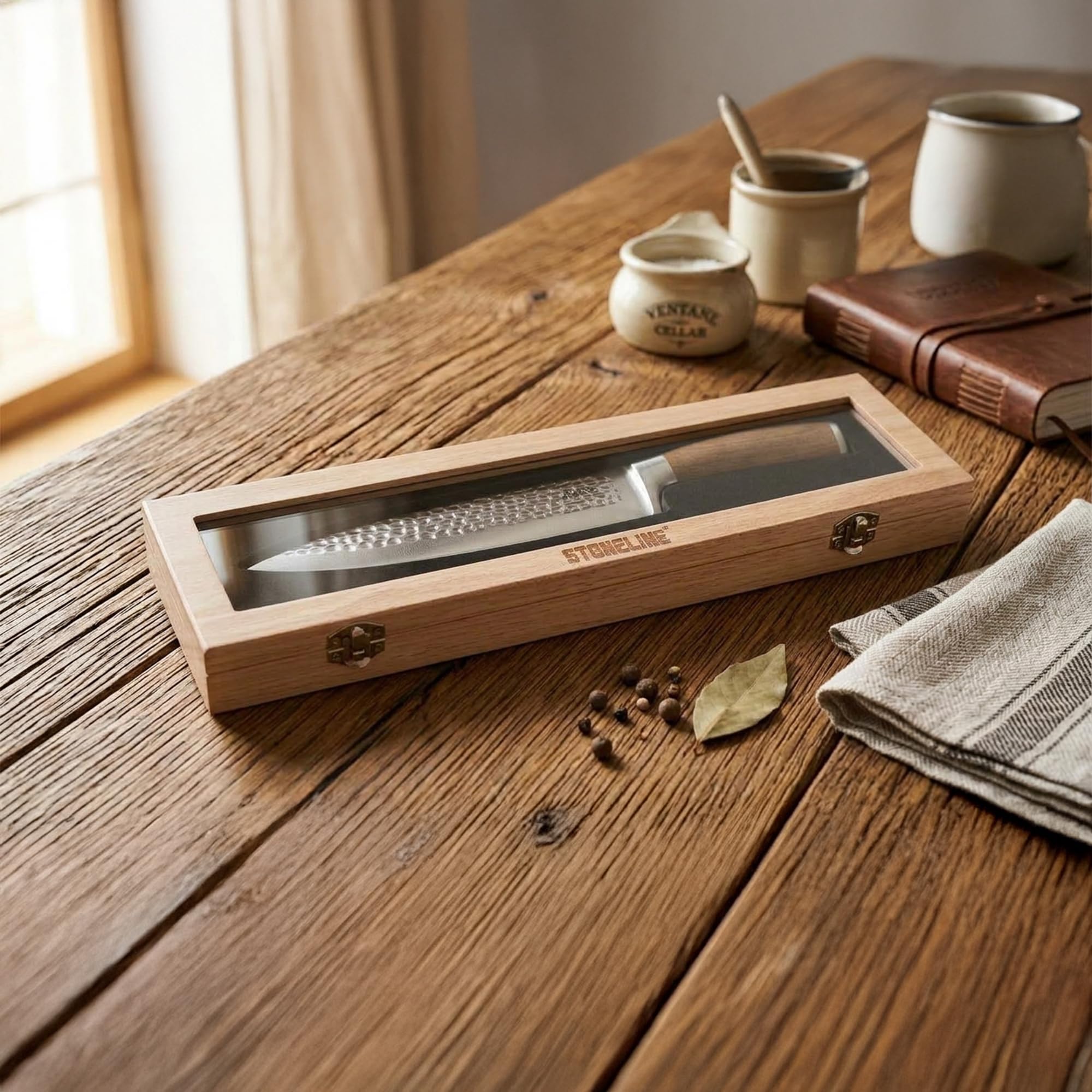 STONELINE Cuchillo Chef de Acero Damasco 34 cm, Hoja Martillada Extremadamente Afilada de 20,3 cm, 67 Capas, Cuchillo Cocinero Uiversal Profesional, Mango de Nogal, Embalaje Madera, Cuchillo Cocina