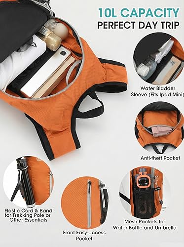 Miniatura 4 de Mochila de senderismo pequeña con soporte frontal para teléfono, mochila plegable con correa de pecho y cintura, Naranja-, Pequeño, Mochilas Daypack