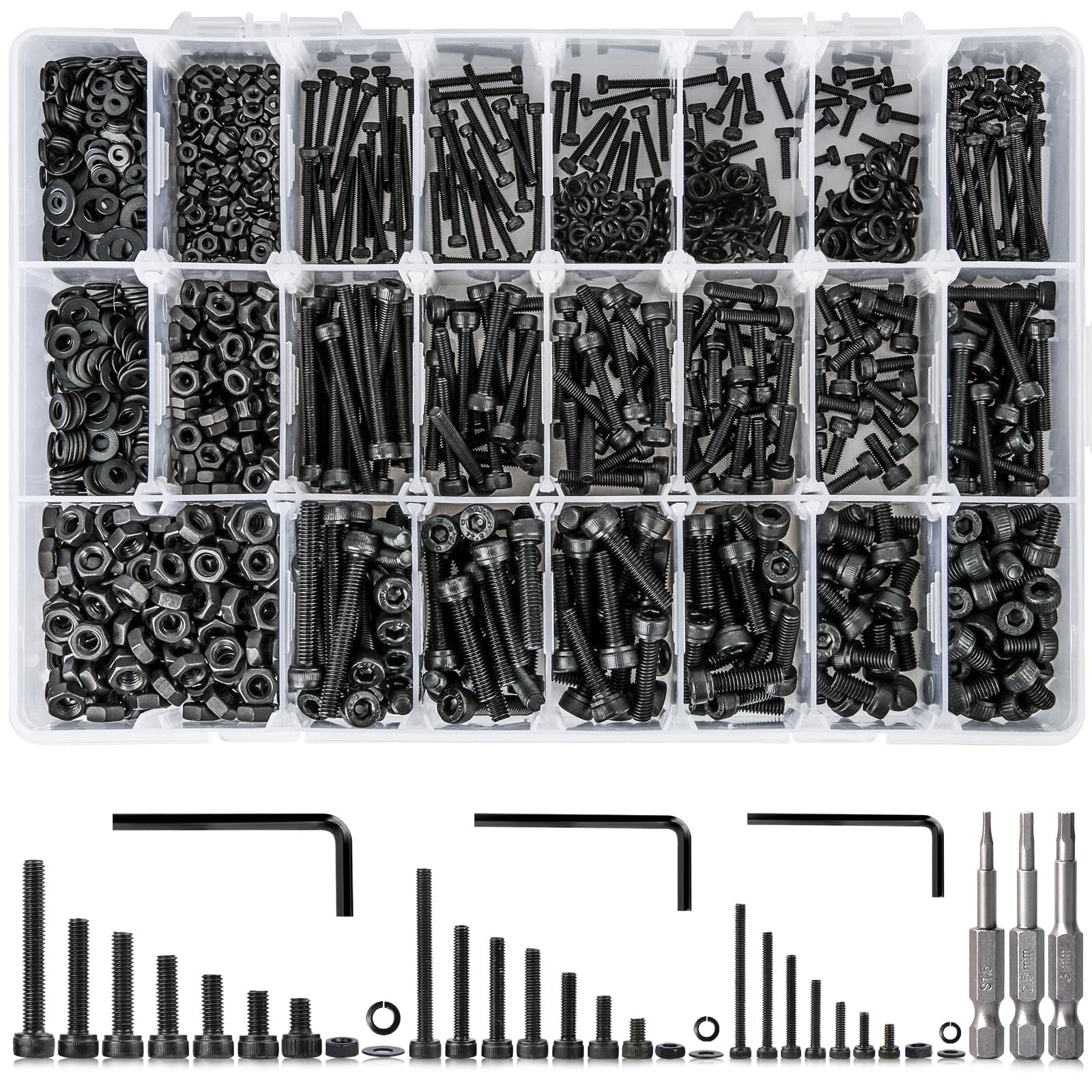 K Kwokker Metric Bolt Assortment M2 M3 M4, 21 Sizes 4MM to 30MM Upgraded Zinc Plated Hex Socket Head Cap Machine Screws, 12.9 Alloy Steel Bolts and Nuts Kit Screws Nuts and Washers