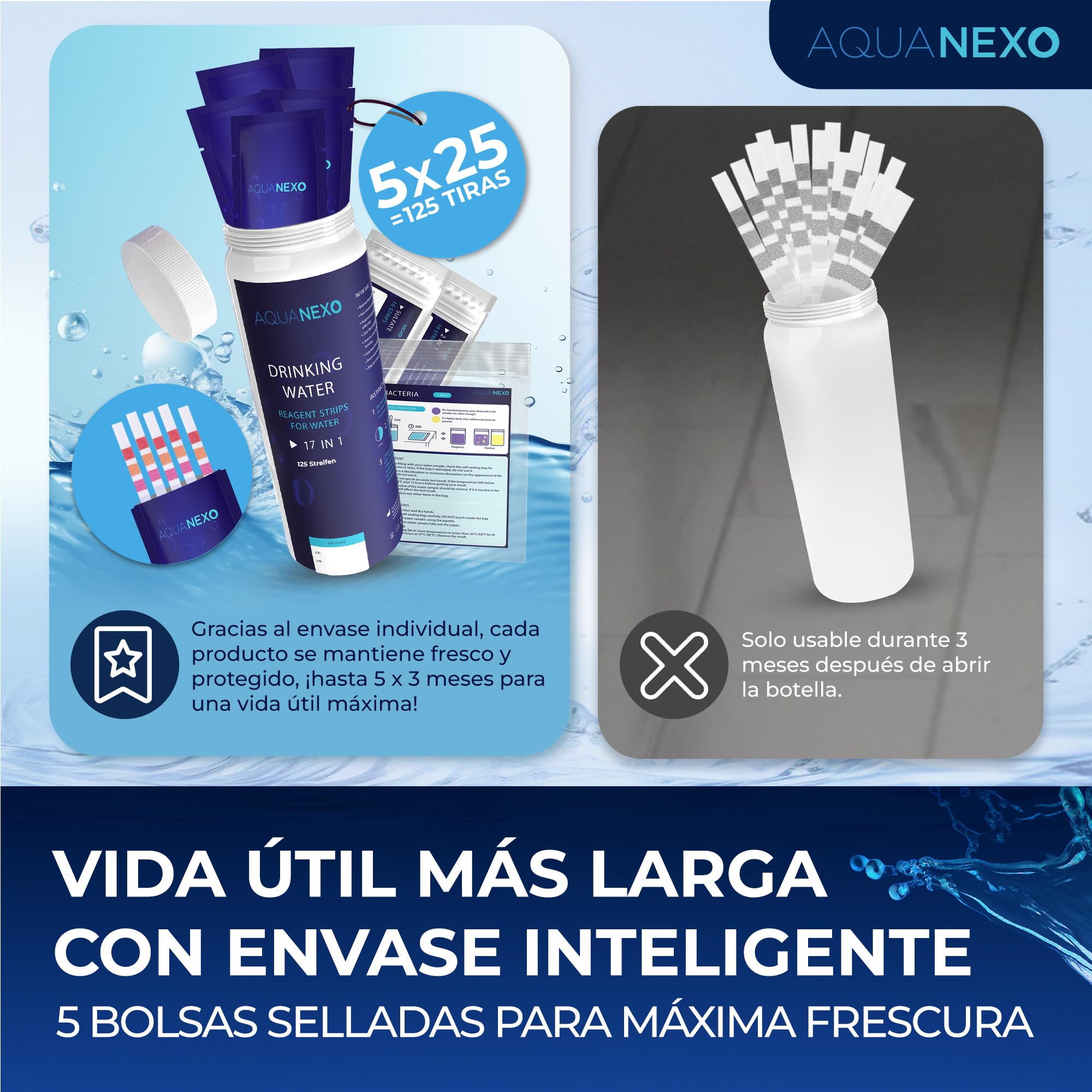 21 parámetros, 125 + 20 tiras de prueba de agua potable + 2 x pruebas de bacterias coliformes, tiras de prueba de pH, probador de agua potable, medición de dureza del agua, prueba de dureza