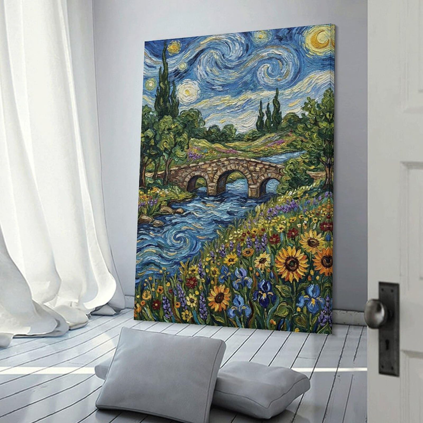 Junmoney Starry Night Inspired Landscape Painting Wall Art Print, 20x30inch(50x75cm), for Workspace Walls, Study Corners Or Bedrooms, A Smart Decor Choice for Study Walls