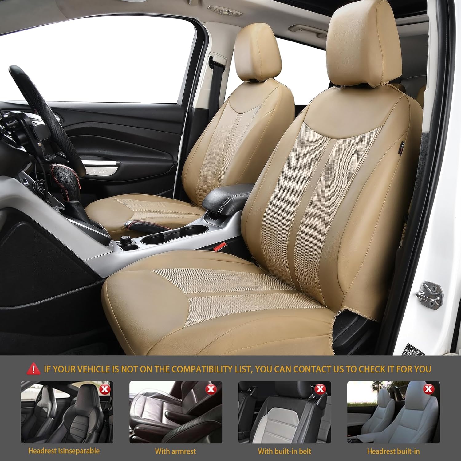Flying Banner car seat Covers Full Set Front Rear Bench Faux Leather air mesh Breathable Beige Beige Pick up SUV