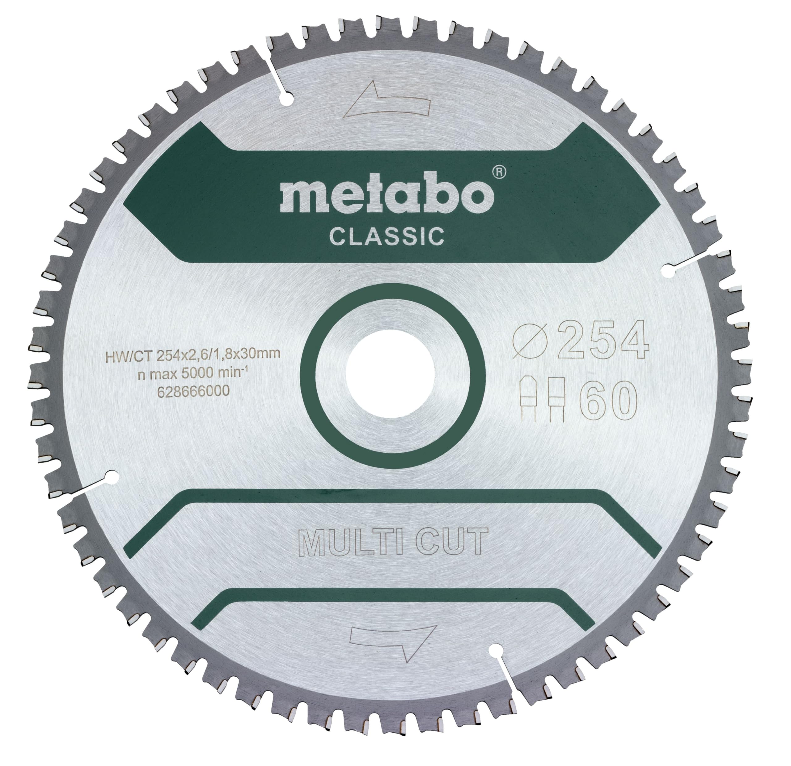 Metabo Brzeszczot piły "multi cut - classic", 254x2,6/1,8x30 Z60 FZ/TZ 5°neg (628285000) Średnica x szerokość cięcia x otwór: 254 x 2,6 x 30 mm, materiał: HW/CT, liczba zębów: 60