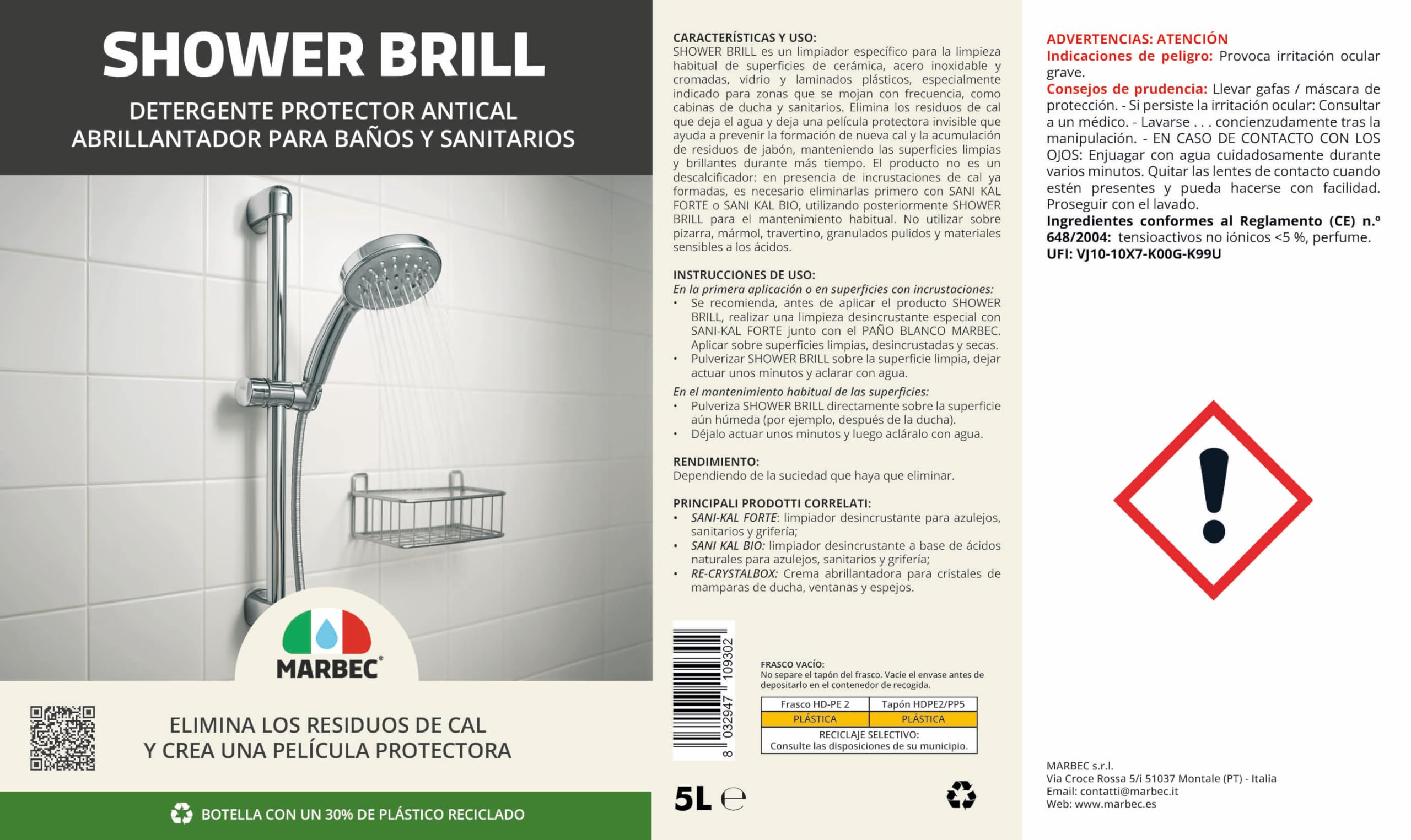 MARBEC SHOWER BRILL 5LTX4UDS Limpiador antical para baño, protector anti-gotas, para cerámicas y vidrios, reduce cal y residuos, fácil mantenimiento diario.