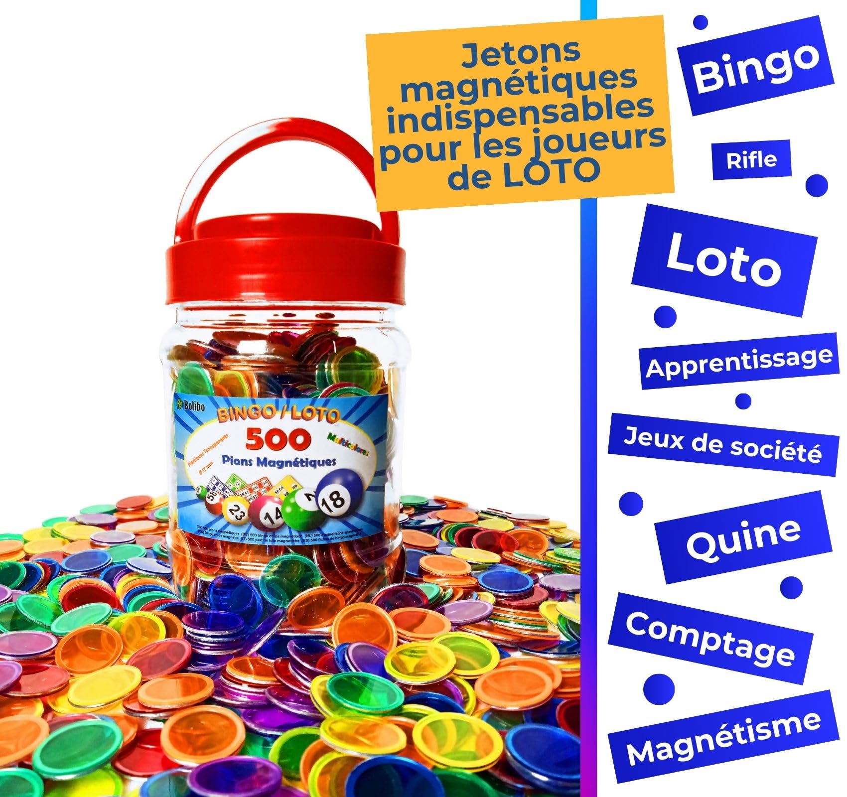 Bolibo - 500 - JETON Loto magnétique, boîte de 500 PIONS magnétiques - 17mm de diamètre - Multicolores - en Plastique Transparent - Bingo
