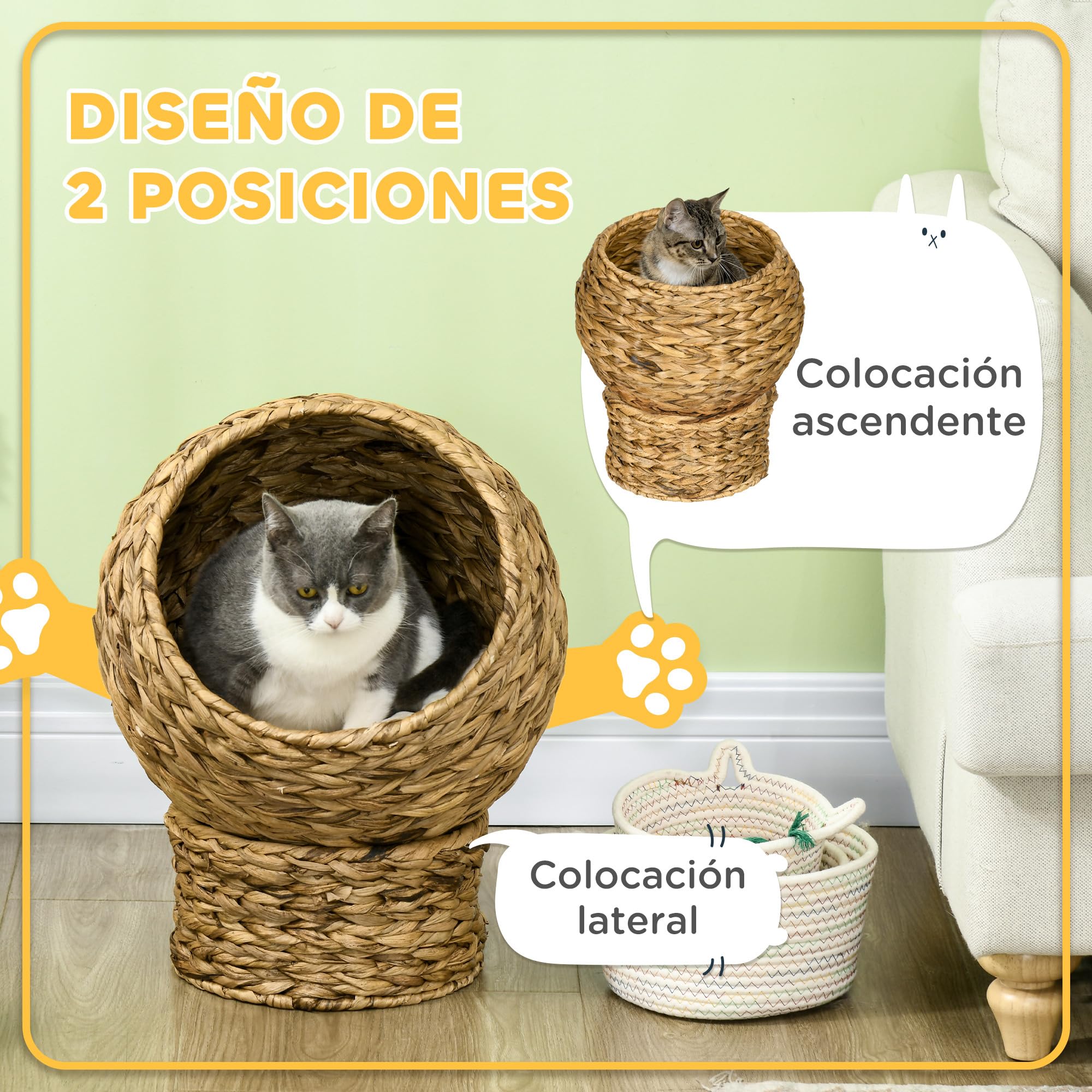 PawHut Cama para Gatos de Mimbre Desmontable 40x37x51 cm Marrón y Beige | Cueva para Gatos, con Cojín Extraíble