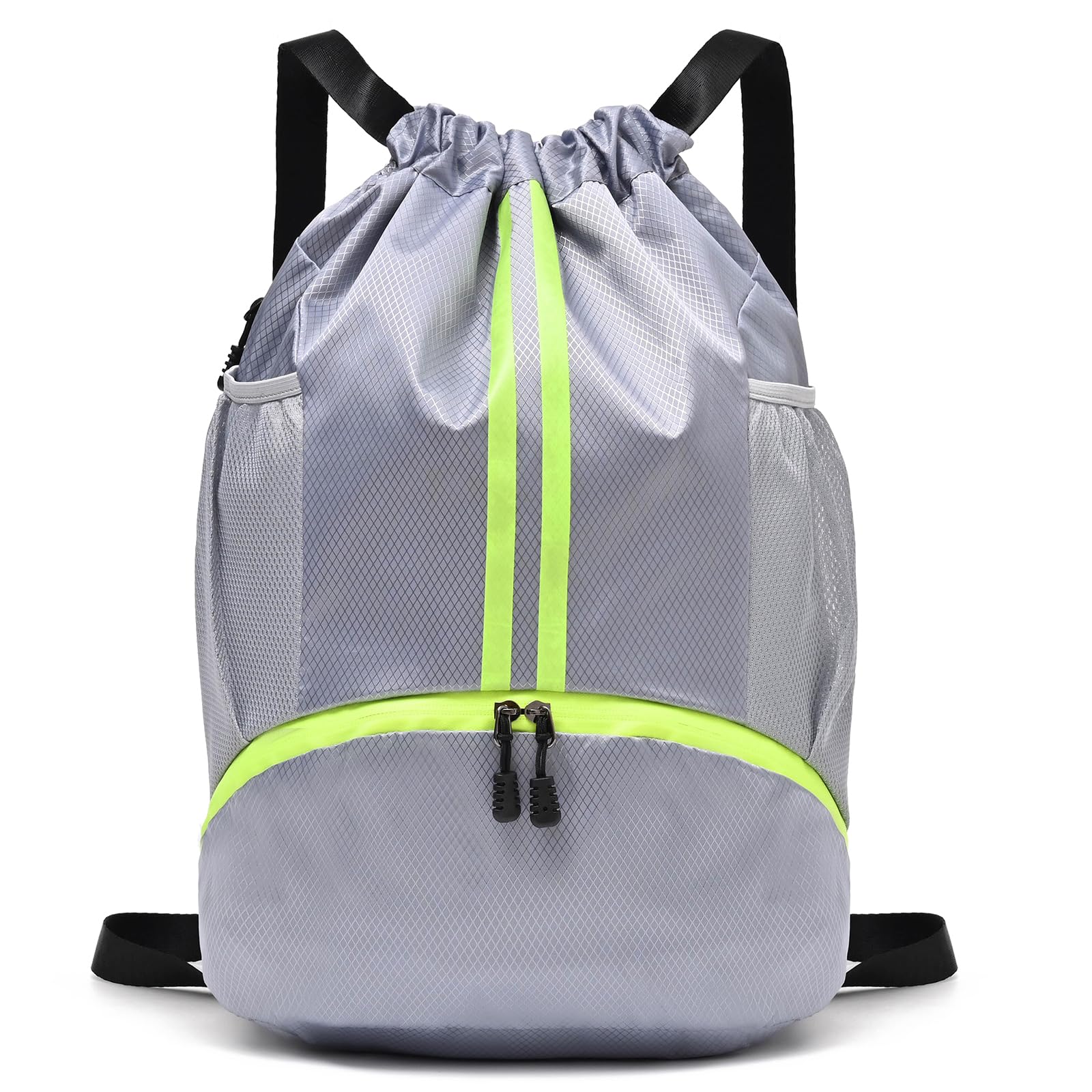 Drawstring Gym Bag for Men, Waterproof Drawstring Backpack for Women, Swim with Shoes Compartment, Pull String Sport Bag for Soccer and Basketball. (Grey)