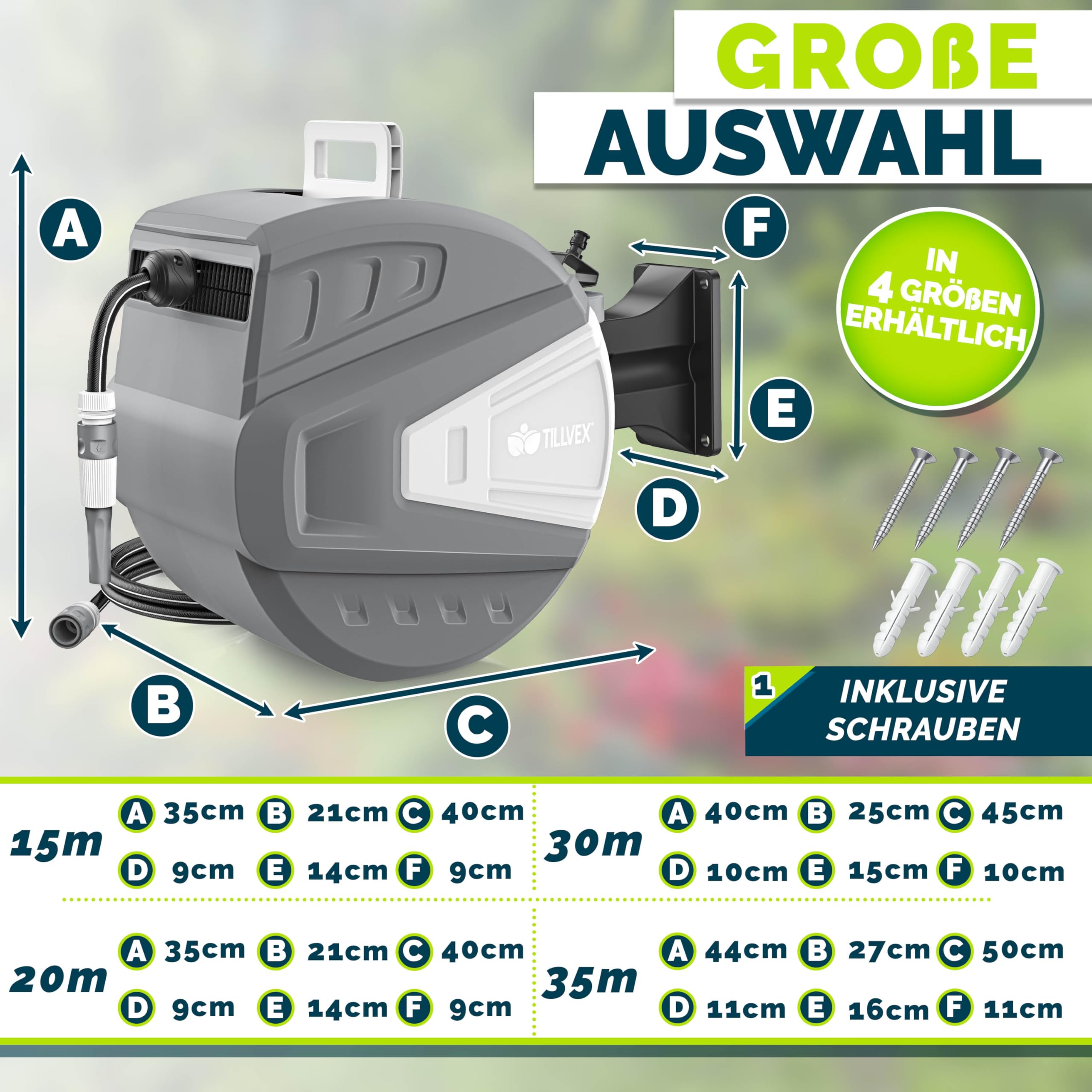 tillvex Carrete para Manguera de agua 20+2m con soporte de pared | Enrollador de manguera con pistola manual y manguera de jardín | Caja de manguera para pared con enrollado automático