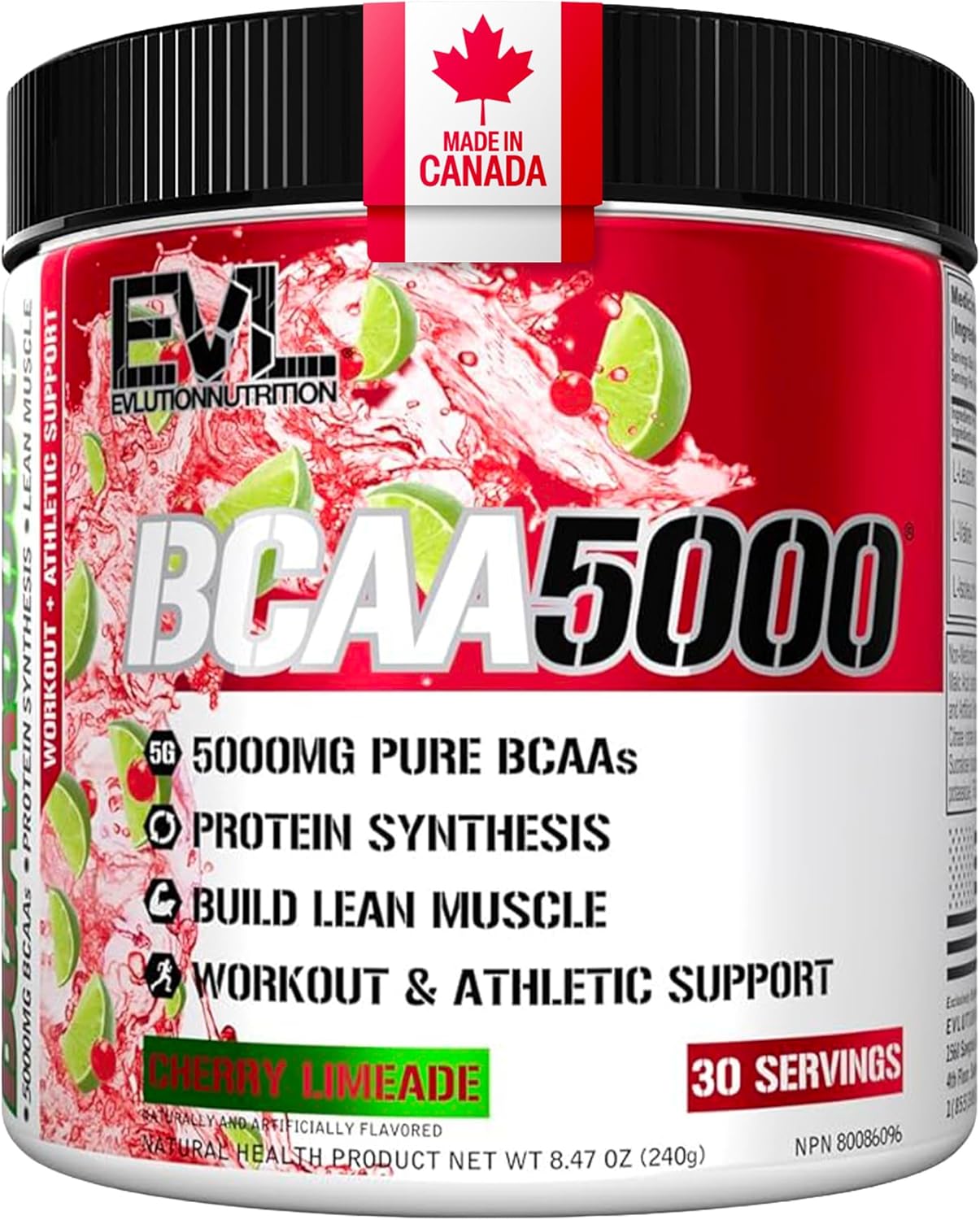 BCAA Powder | 5G Branched Chain Amino Acids per serving | Protein Synthesis, Muscle Building, Workout Support | 2:1:1 Ratio BCAA Amino Acids Supplement | Cherry | Made in Canada | 30 Servings (240g)