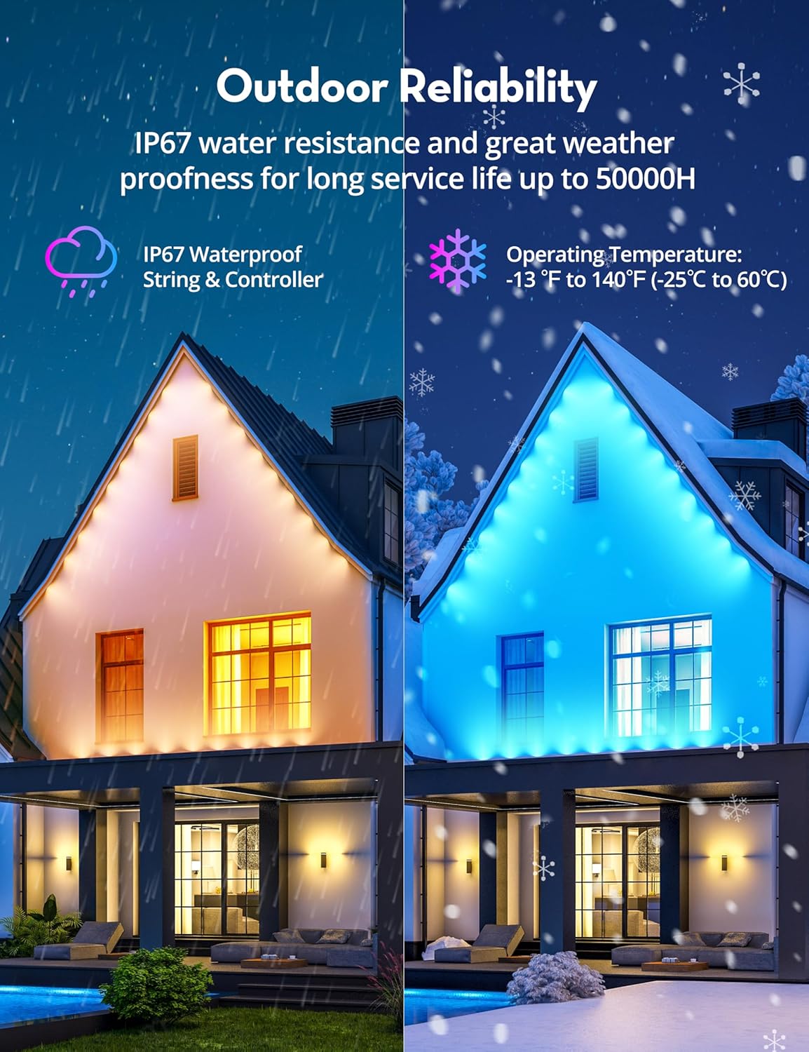 RGB+IC Permanent Outdoor Lights for House Garden, 50Ft Smart Eave Lights, String Lights, IP67 Waterproof, for Christmas Halloween Decor Birthday Gift with Alexa, Google Assistant APP/Remote Control