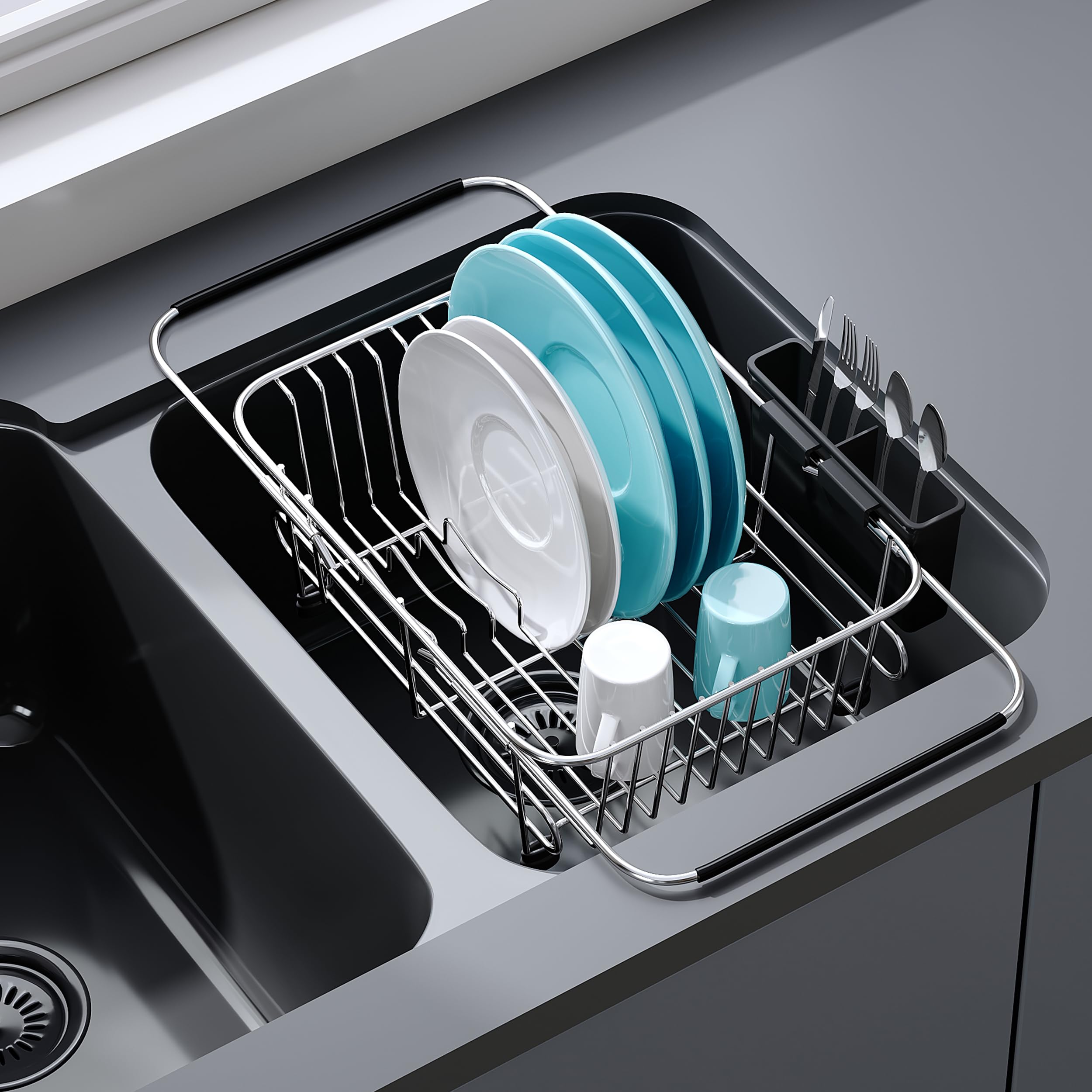 Photo 1 of Apartment RV Small Dish Drainer Drying Rack Over The Sink In Stainless Steel for Narrow Kitchen, Counter Space Saving Compact Expandable Metal Dish Dryer Strainer, Adjustable Hanging Wire Drain Holder