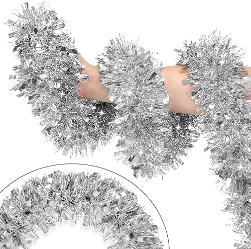 Miniatura 8 de Guirnalda de Navidad plateada de 50 pies, guirnalda de oropel de Navidad, guirnalda metálica para colgar en el techo, guirnalda de Navidad para