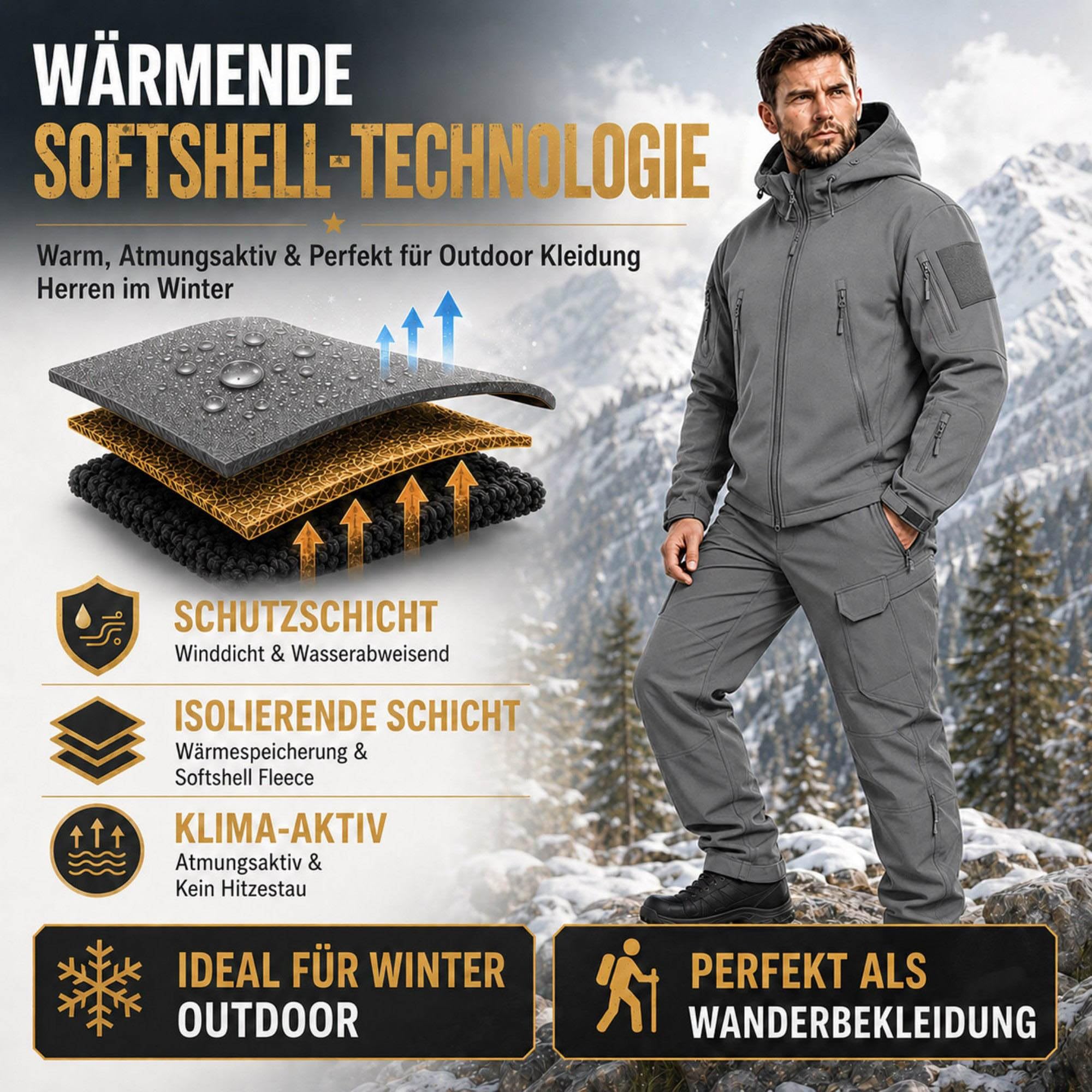 Taktischer Anzug Herren Set, Taktische Jacke Herren und Taktische Hose Herren, Softshell Outdoor Kleidung Militär Style, Wasserabweisend & Winddicht für Jagd, Wandern, Camping, Arbeit