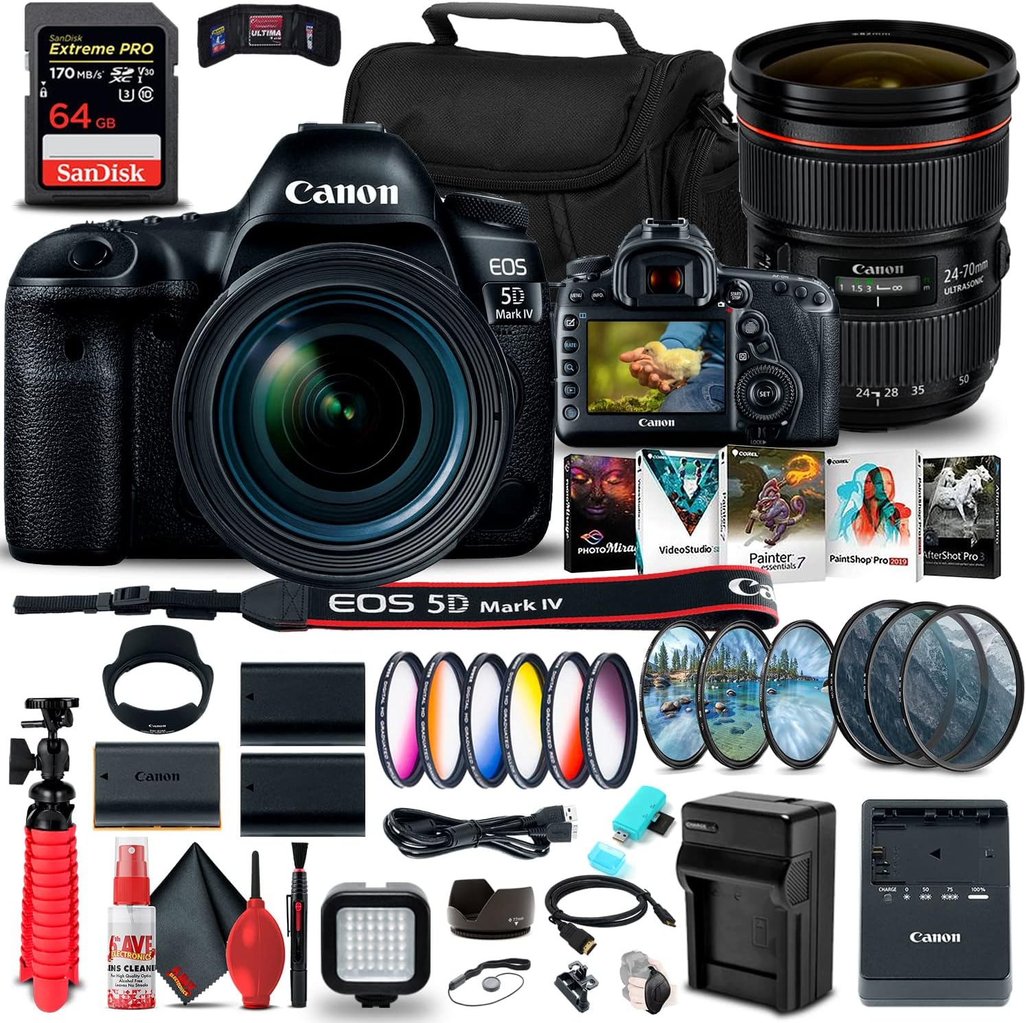 Canon EOS 5D Mark IV DSLR Camera with 24-70mm f/4L Lens (1483C018) + Canon EF 24-70mm f/2.8L II USM Lens (5175B002) + 64GB Memory Card + Color Filter Kit + 2 x LPE6 Battery + More