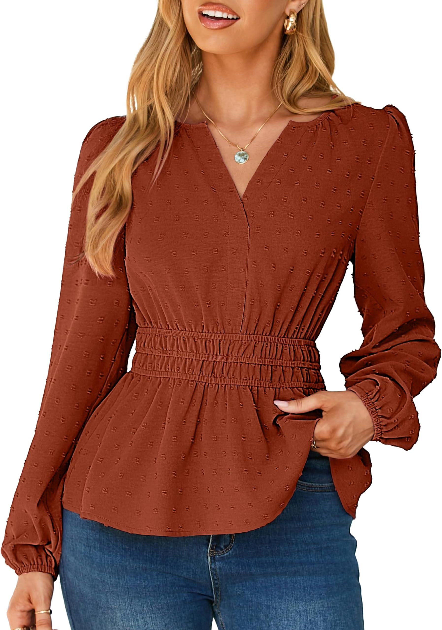 Womens Blouses Long Sleeve Peplum Boho Tops Fall Dressy Casual V Neck Swiss Dot Babydoll Tops Fashion Shirts