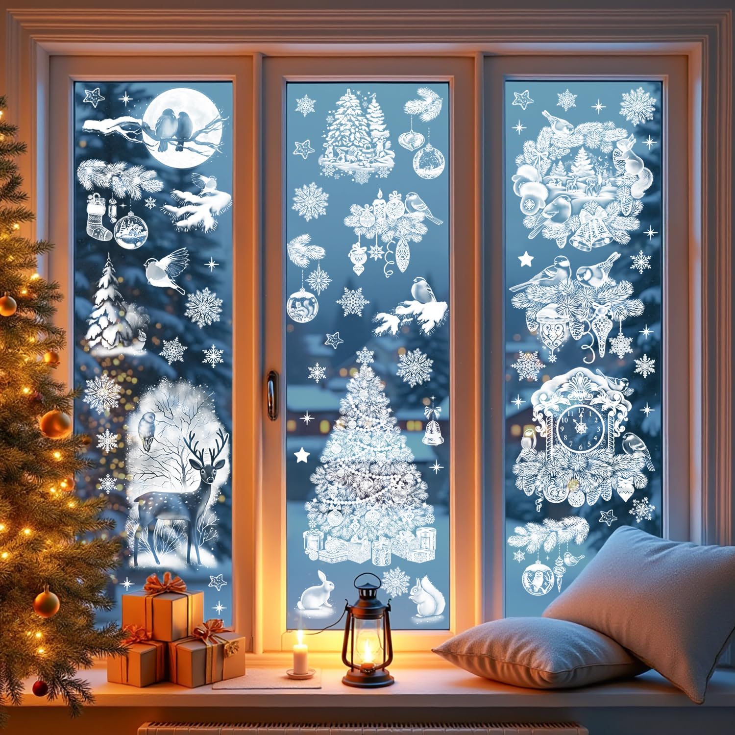 KIPEREE Christmas Window Stickers – 9 Sheets Xmas Window Clings for Glass, Merry Christmas Stickers for Holiday Decorations, Snowman Reindeer Tree Winter Scene Window Decals