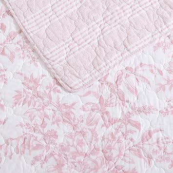 Laura Ashley - Queen Quilt Set, 100% Cotton Cover with Cotton Blend Fill, Prewashed for Softness, Reversible Floral Bedding with Matching Shams (Pink)
