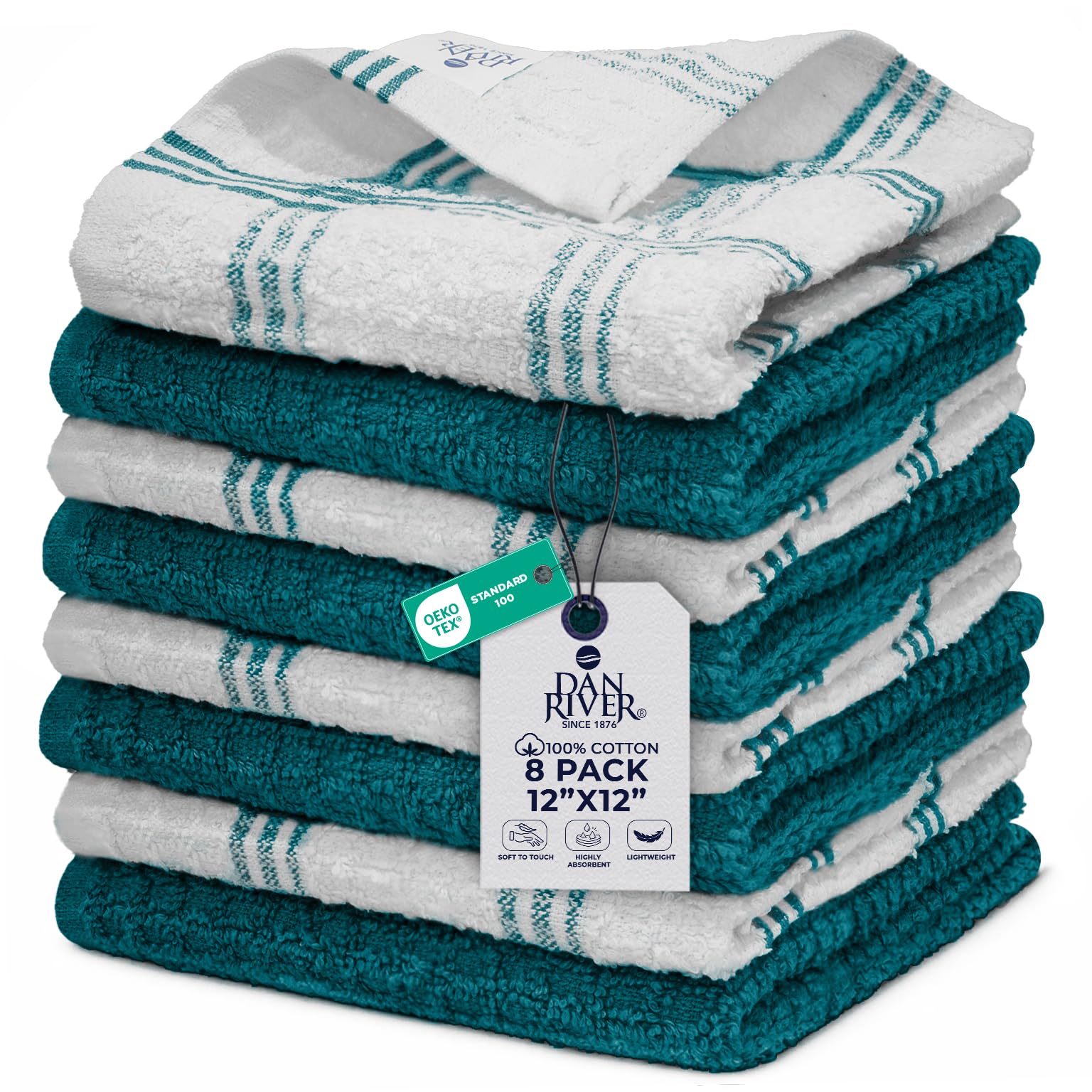 DAN RIVER Premium Dish Cloth 100% Cotton 12 X 12 Inches |Pack of 8|-Ultra Soft Tea Towels-Highly Absorbent Kitchen Rags-Terry Dishcloth for Kitchen