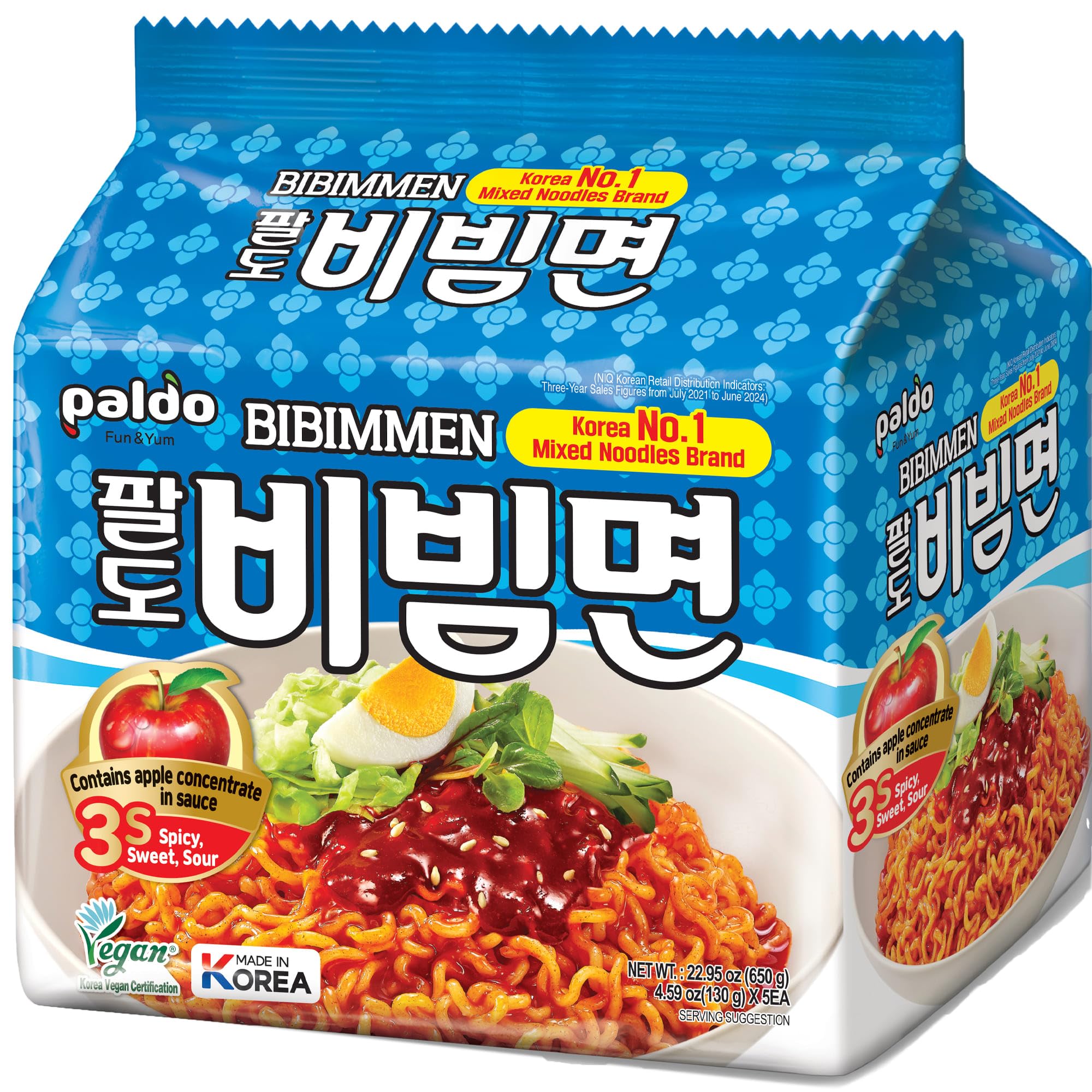 Paldo Fun & Yum Bibim Men Instant Cold Noodles, Pack of 5, Brothless Cold Ramen with Sweet & Spicy Seasoning Sauce, Oriental Style Korean Ramyun, Soupless K-Food, 130g x 5