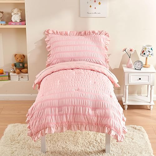 VIVILINEN Juego de ropa de cama para niñas pequeñas de 4 piezas de sirsaca rosa, juego de edredón con flecos con volantes, edredón para cuna, juego