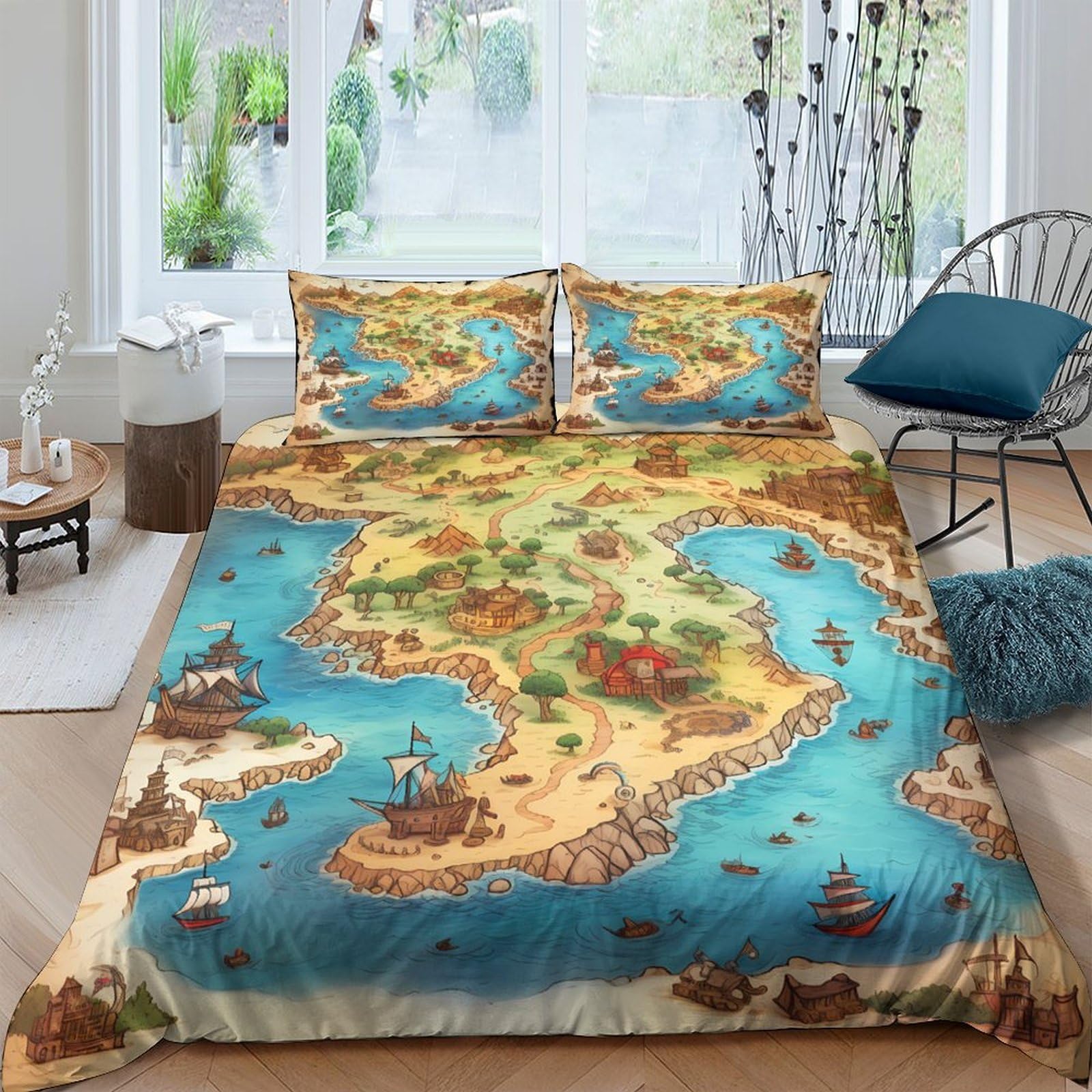 Ctjqhvkz Style-10 3D Printed Pirate Treasure Map Fitted Sheet Microfiber Soft Nautical Adventure Bed Cover For Bedroom Guestroom Decor Single（135X200cm）