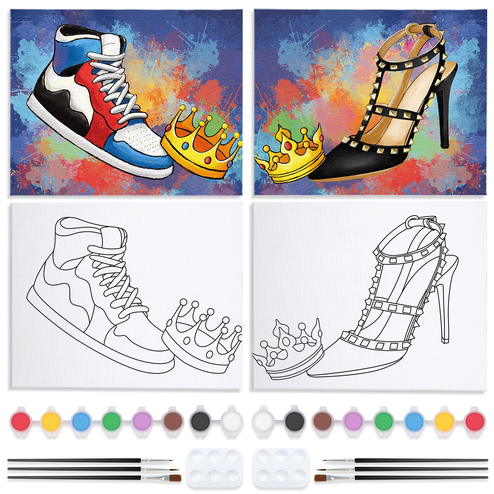 Nuberlic 2 Pack Couples Sip and Paint Painting Kit Pre Drawn Canvas for Painting for Adult Shoe Love Couple Pre Drawn Stretched Canvas Kit Art Set