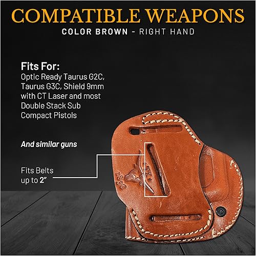 Miniatura 10 de Funda de cuero IWB para pistolas óptica lista. Funda de cuero para pistola Glock 26 27, Taurus G2C G3C, escudo de 0.354 in con láser CT. Funda de